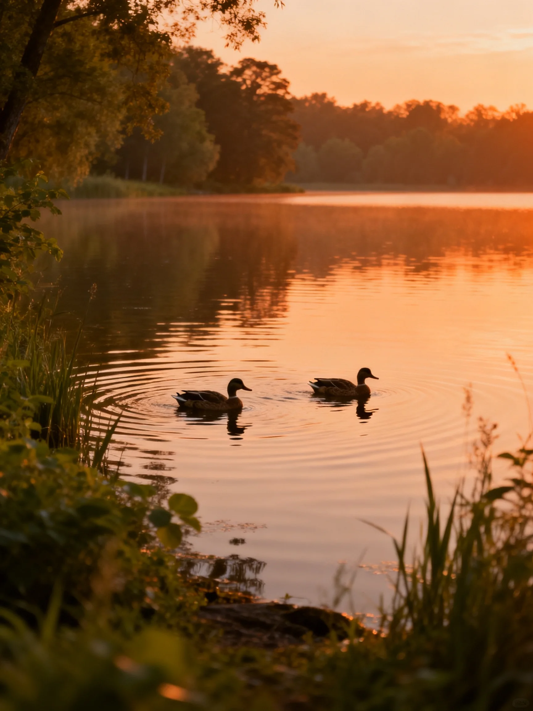 Two ducks glide across a golden-hued lake near lush greenery