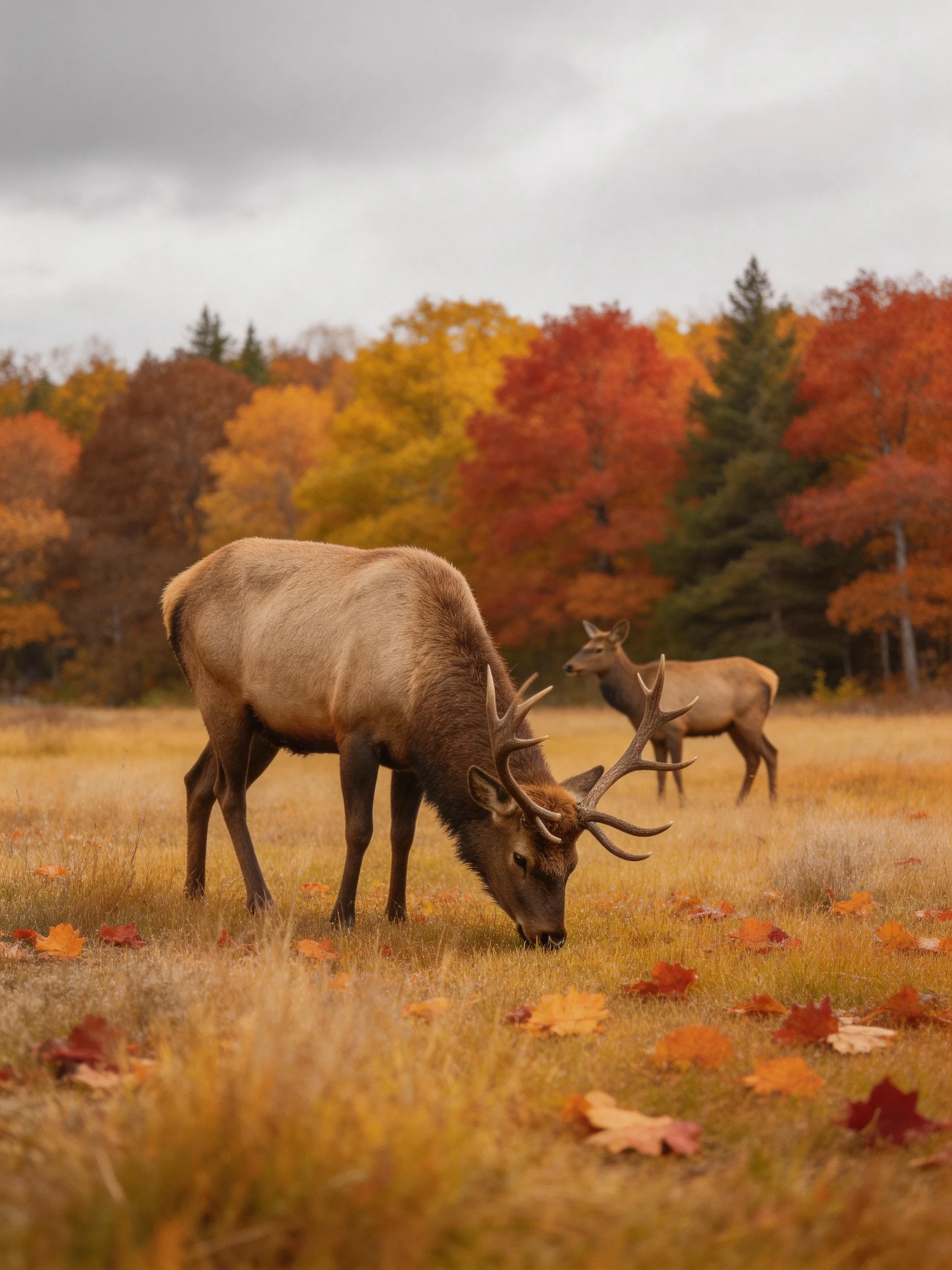 Two elk graze in a golden autumn meadow with colorful trees
