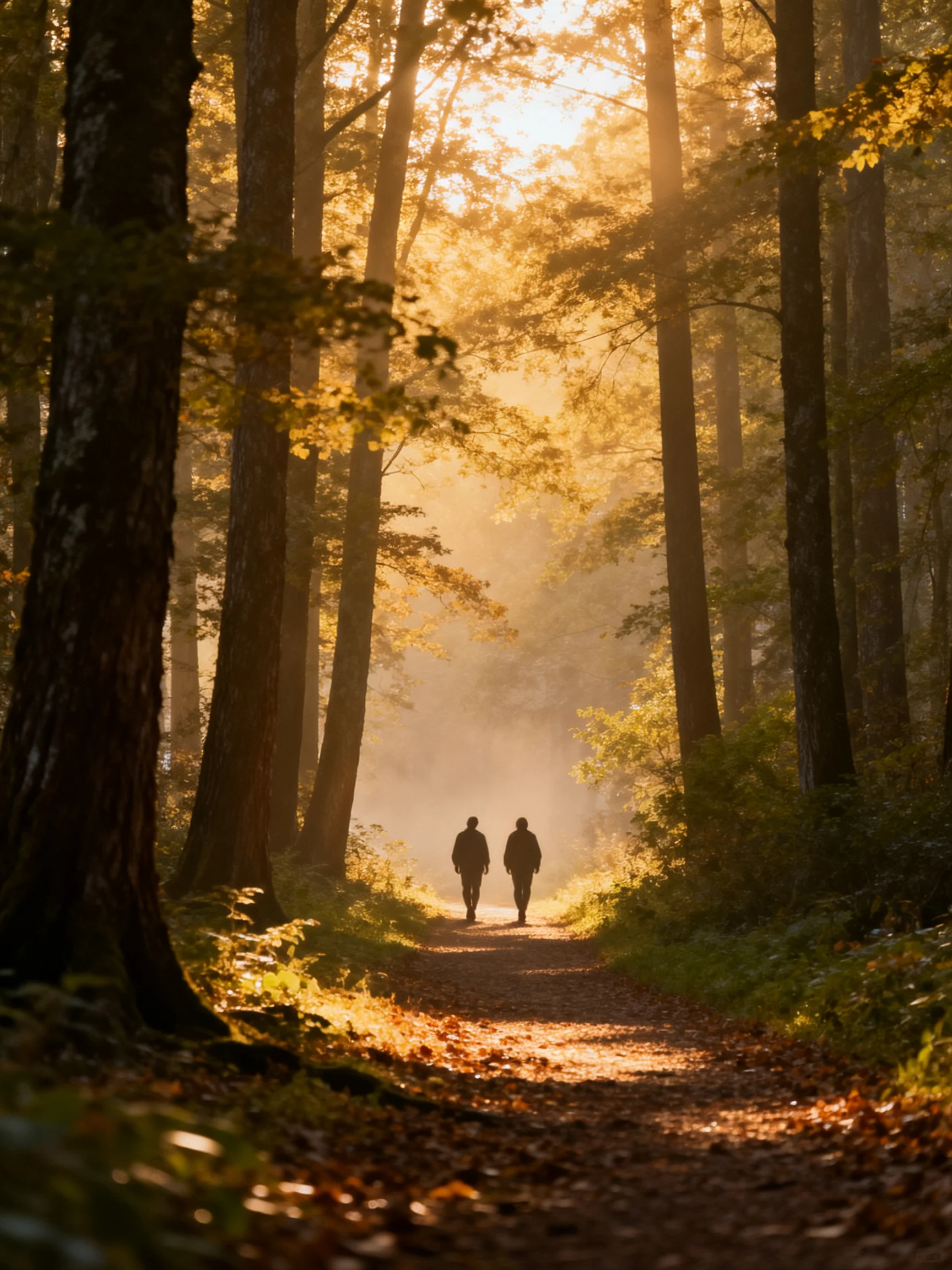 Two figures stroll down a sunlit forest trail surrounded by towering trees