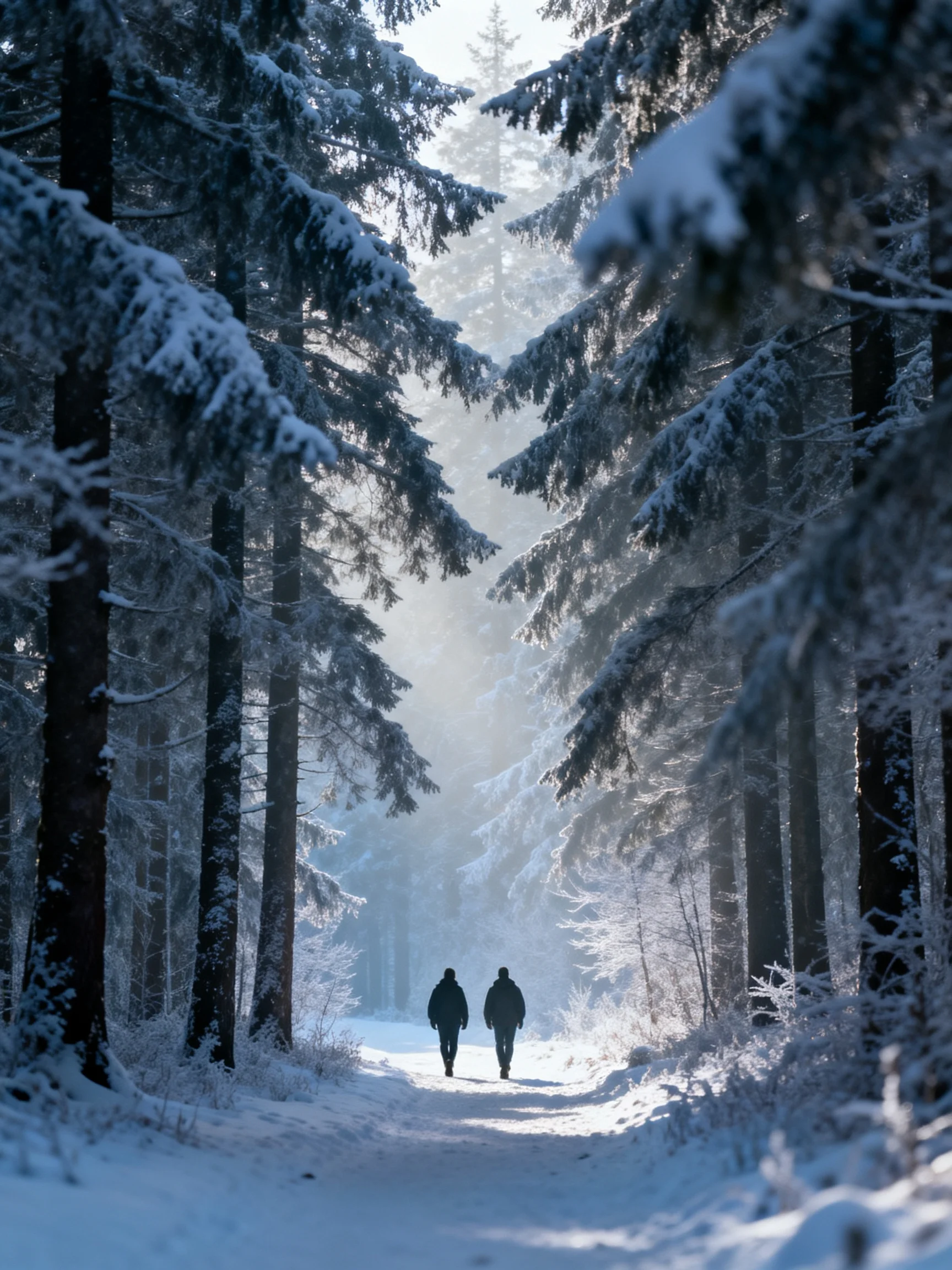 Two figures traverse a snow-draped forest path flanked by tall evergreen trees