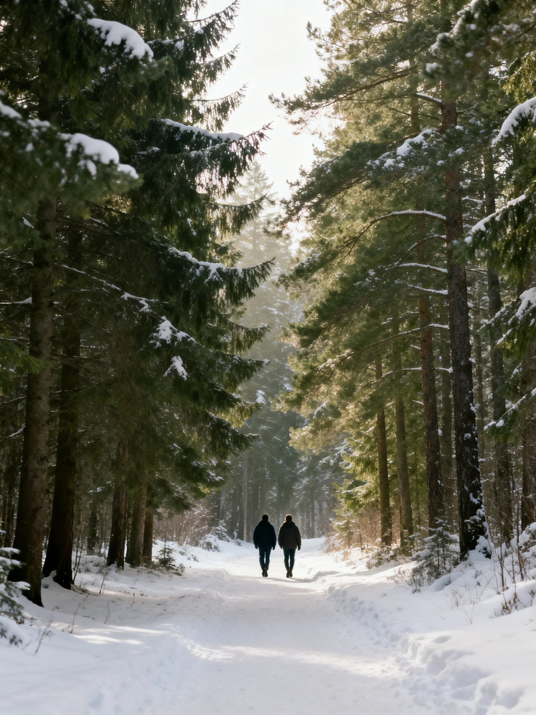 Two figures walk along a snow - covered forest path between tall evergreen trees