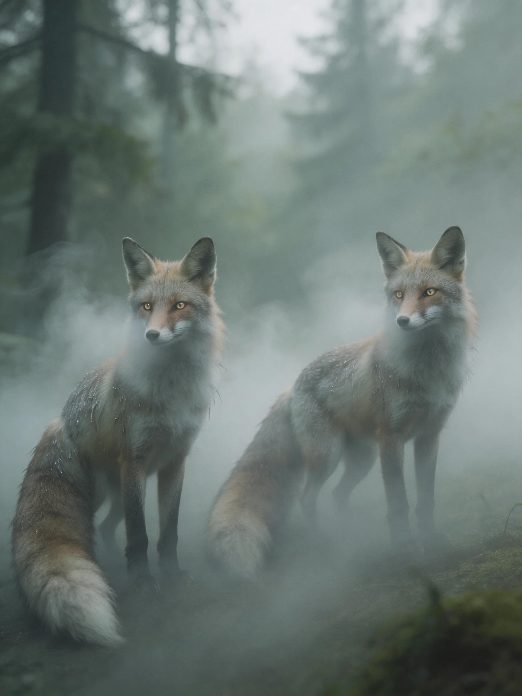 Two foxes in misty forest with earth-toned coats