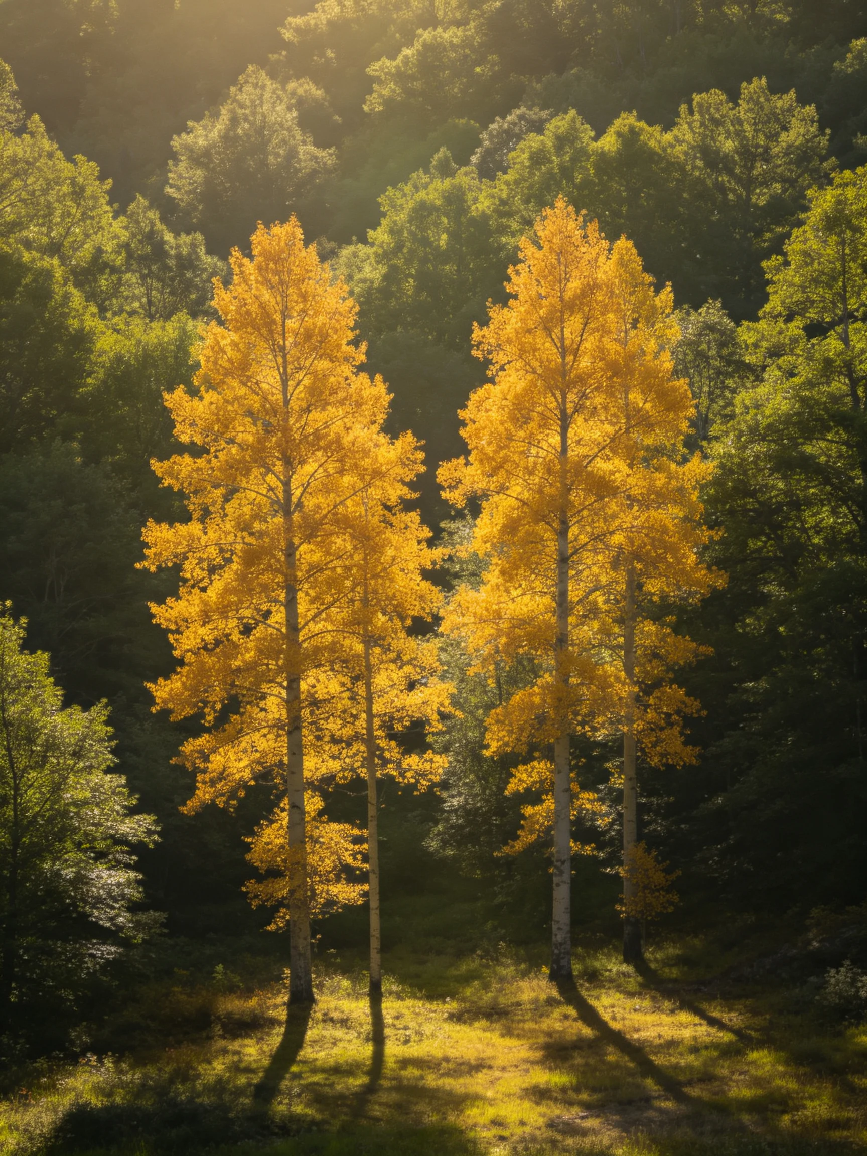 Two golden birch trees stand amid lush green forest foliage