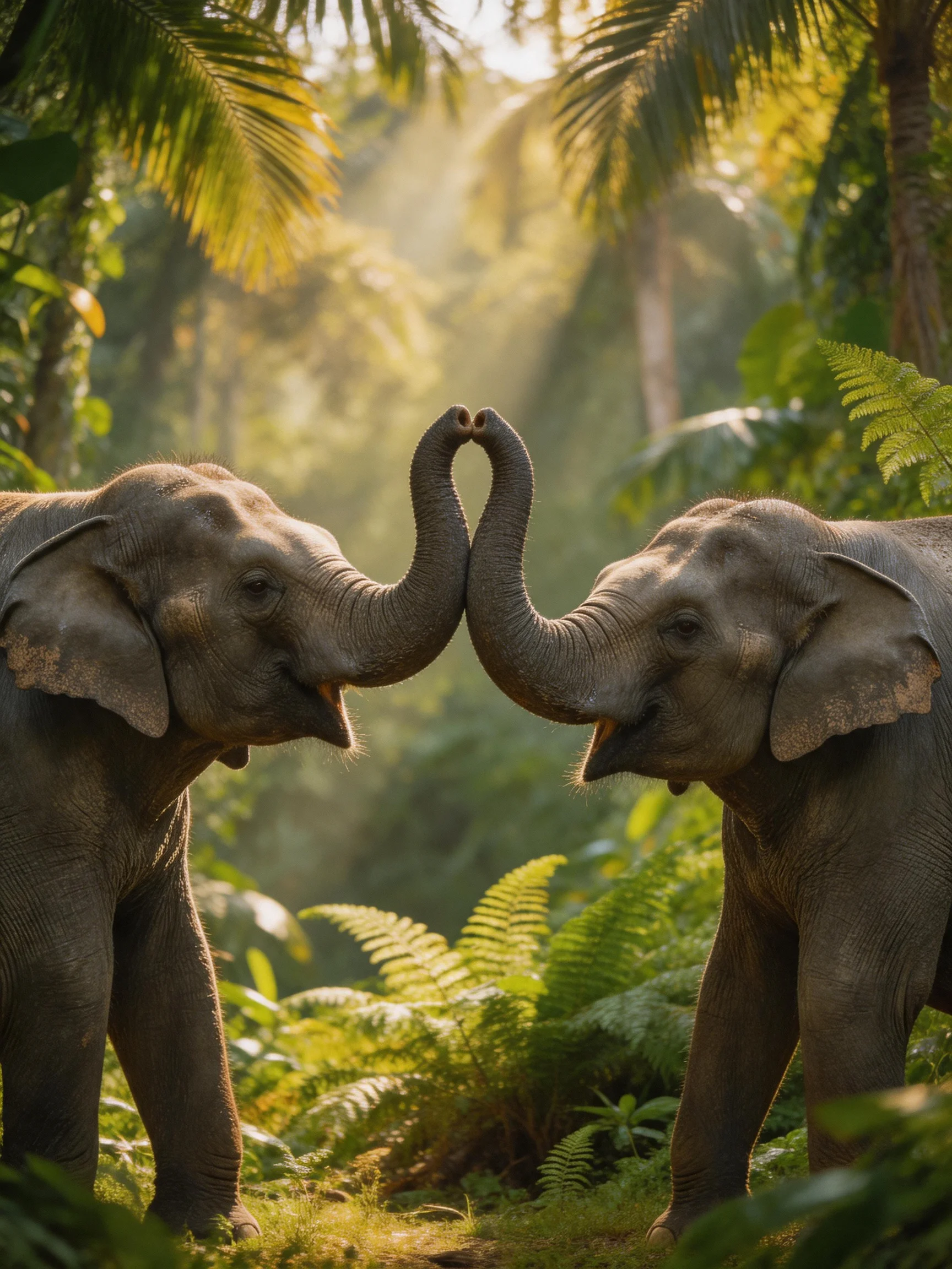 Two gray elephants form a heart with trunks in a sunlit forest glade