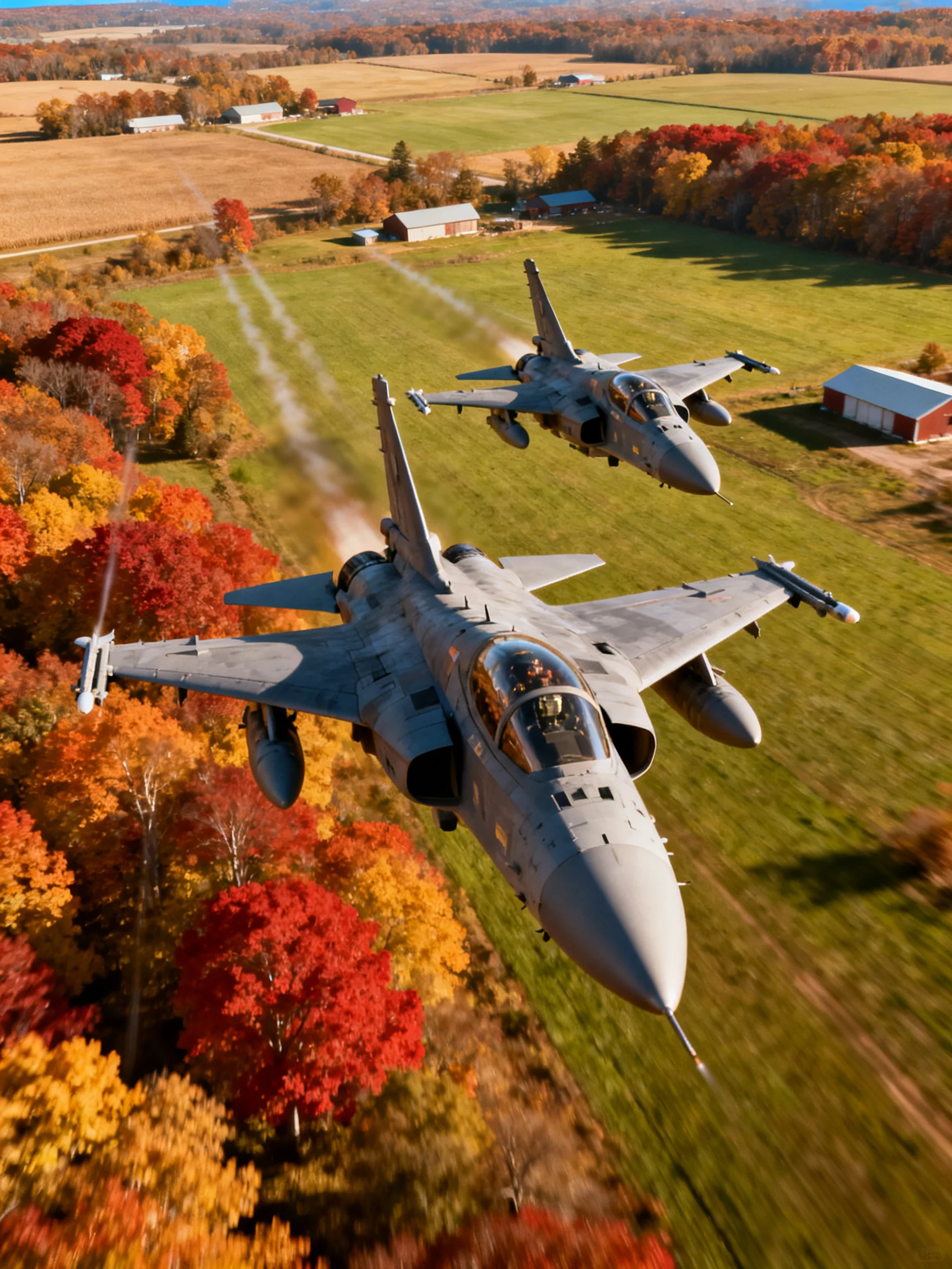 Two gray fighter jets soaring over vibrant autumn countryside