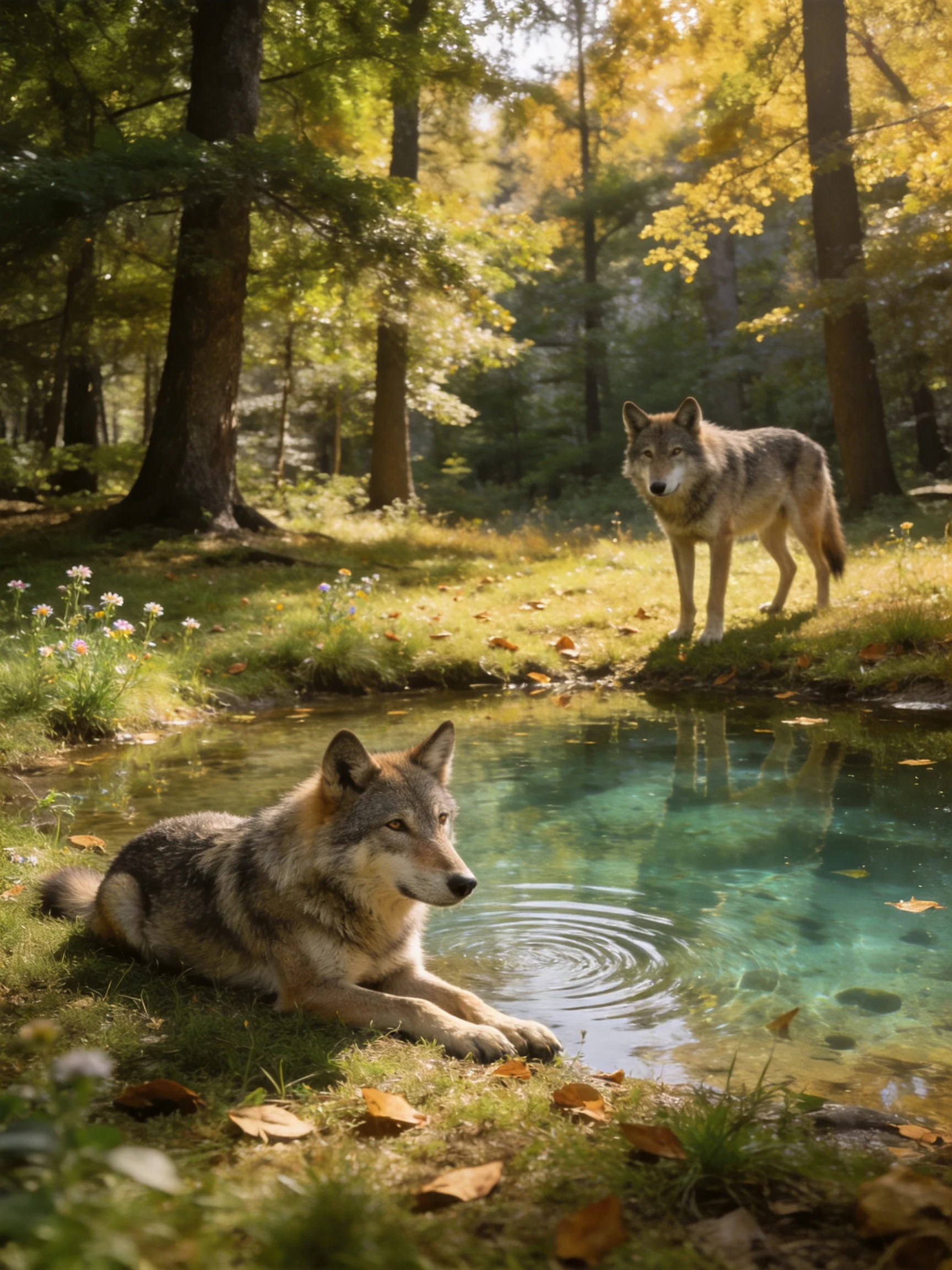 Two gray wolves near a clear forest stream with golden foliage