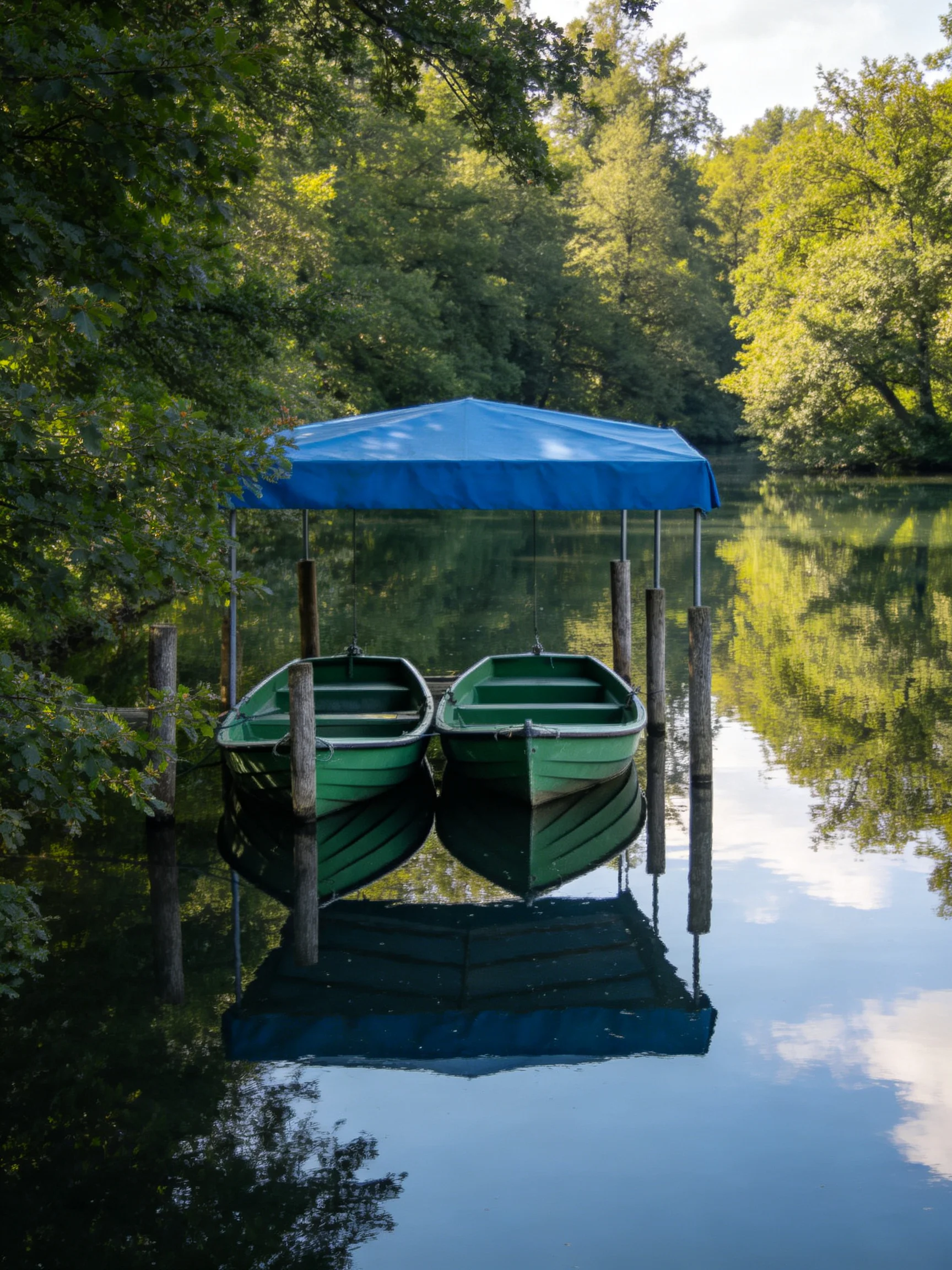 Two green boats docked under a blue canopy by calm waters