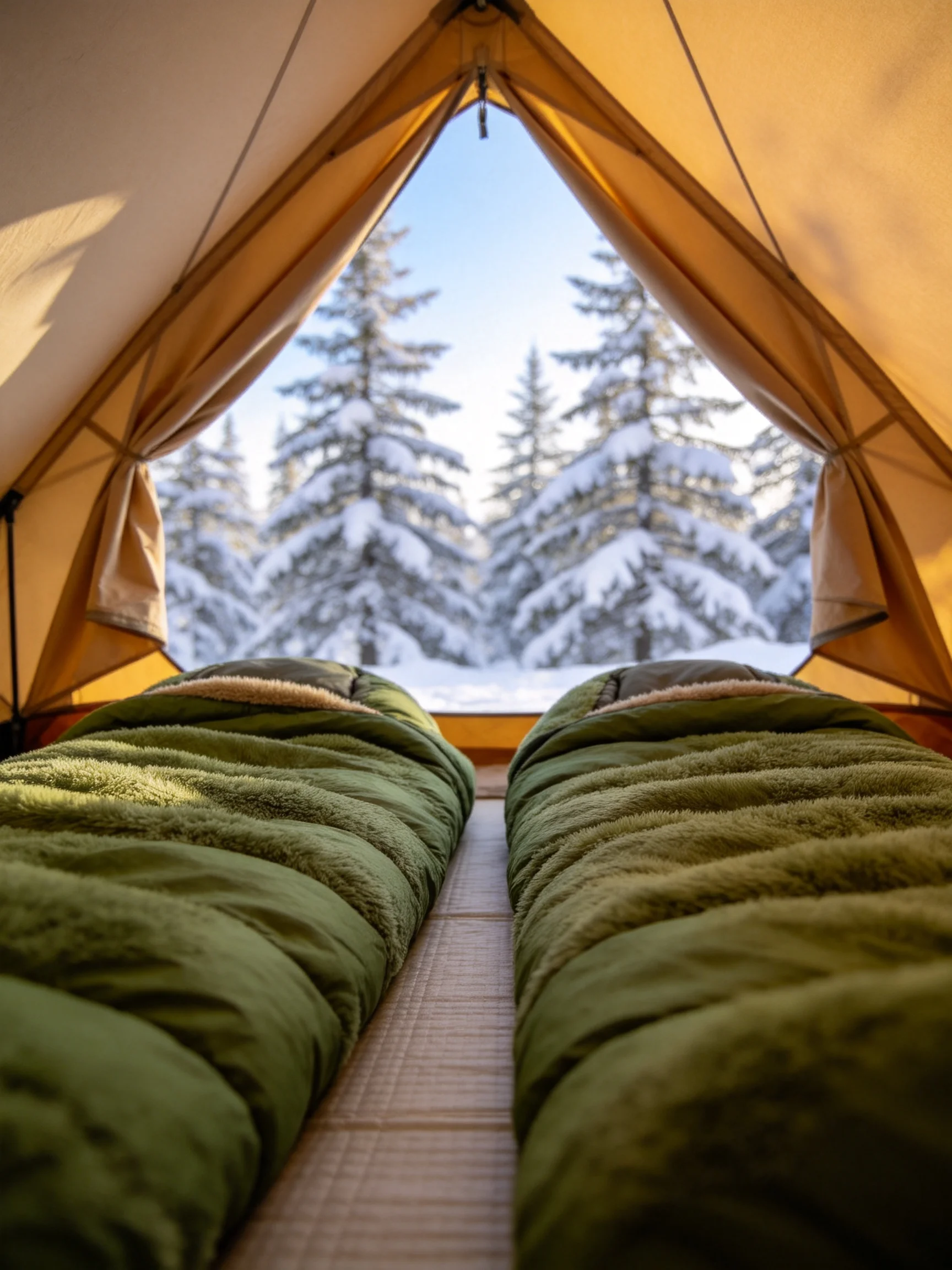 Two green sleeping bags inside a tan tent with snow-covered evergreen trees