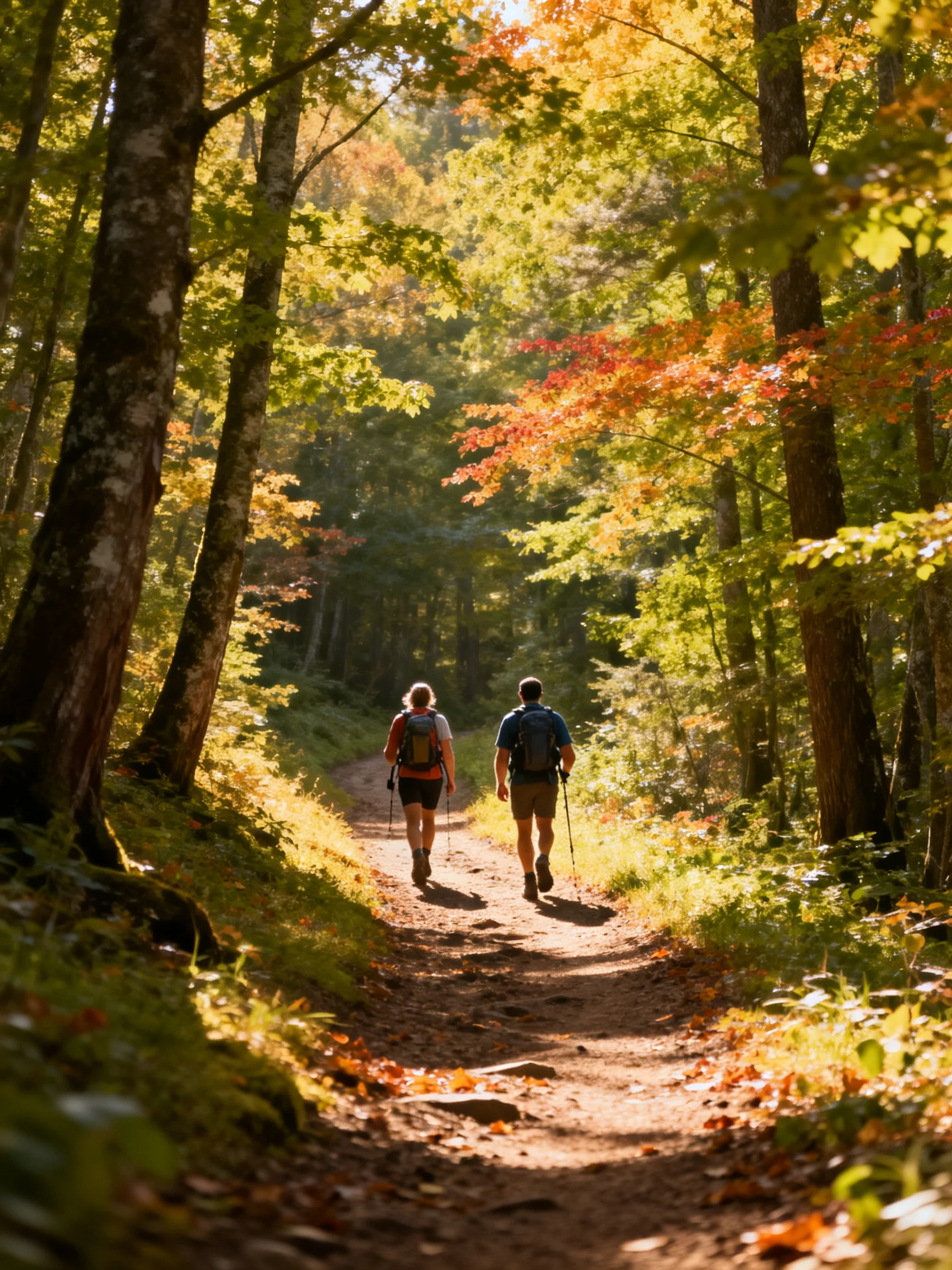 Two hikers hike a sunlit forest trail with vibrant autumn foliage