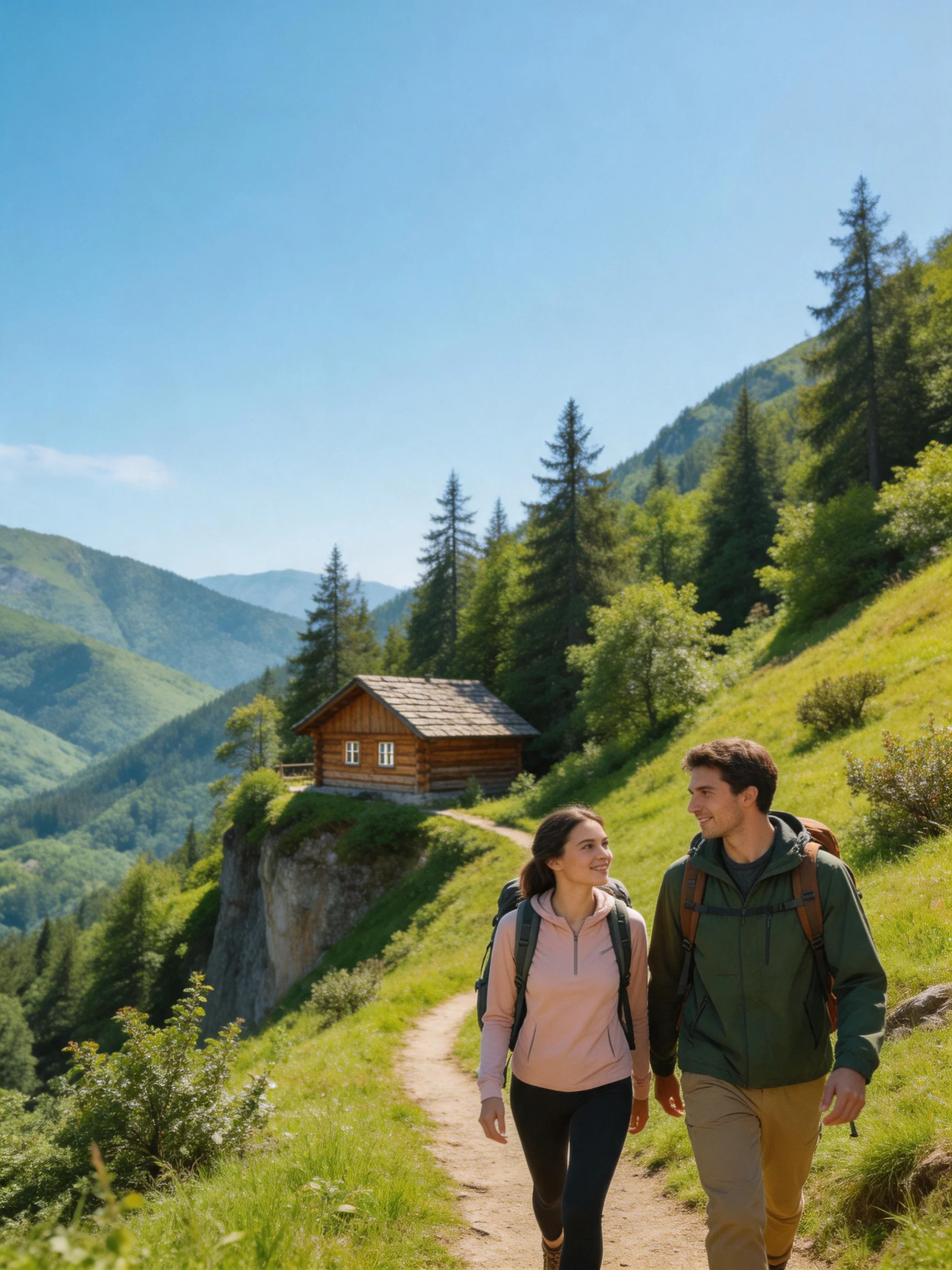 Two hikers walk near a rustic wooden cabin amid lush green mountains