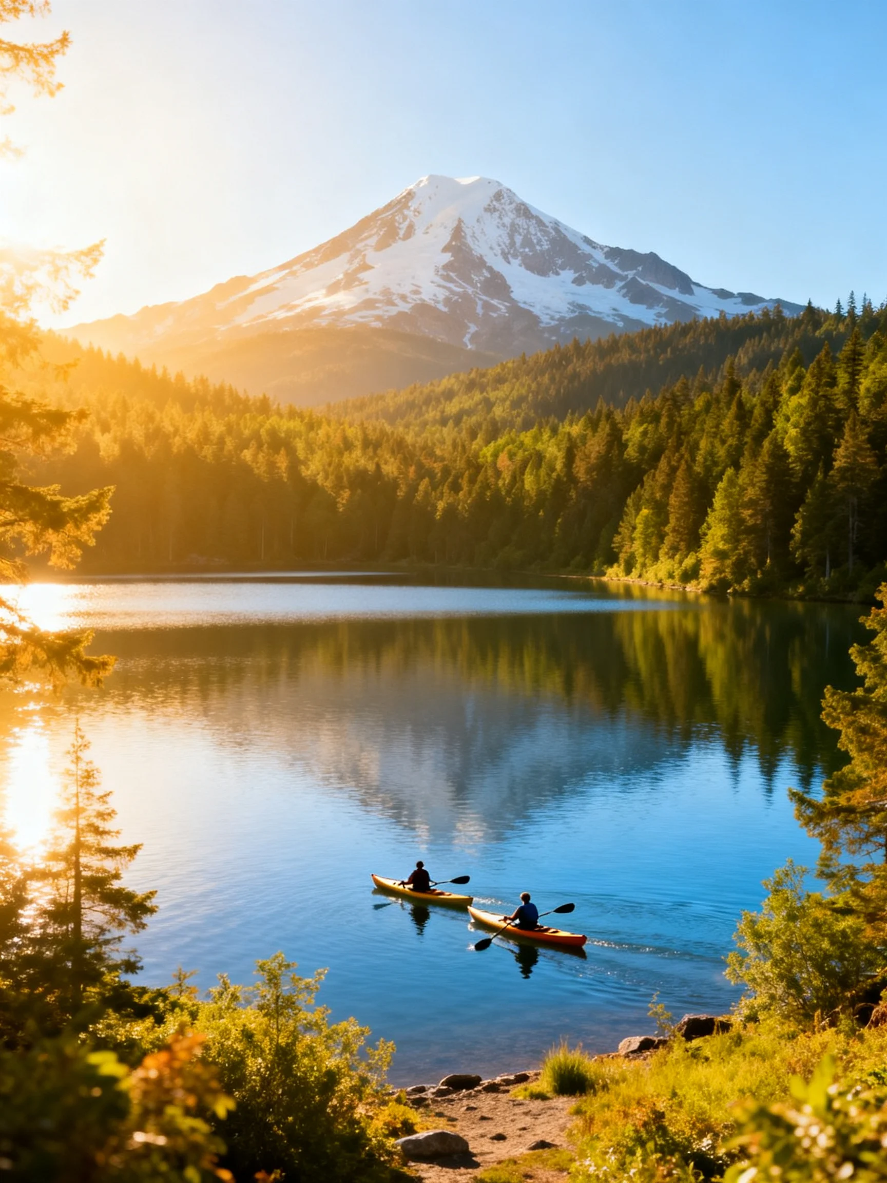 Two kayakers paddle calm blue waters beside a snow-capped mountain