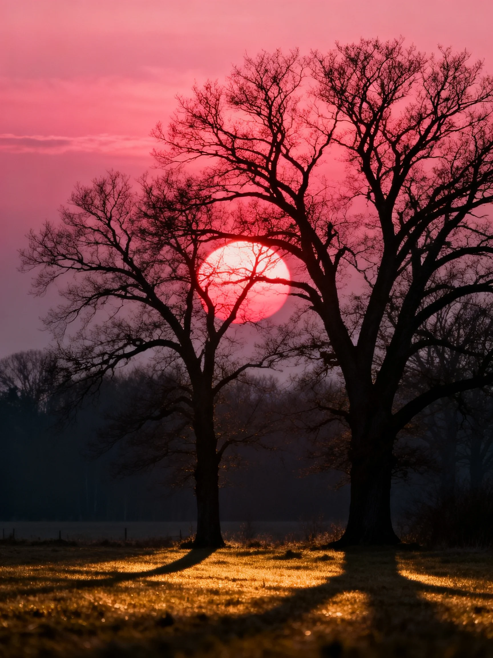 Two leafless trees silhouetted by a vibrant pink sunset over golden terrain