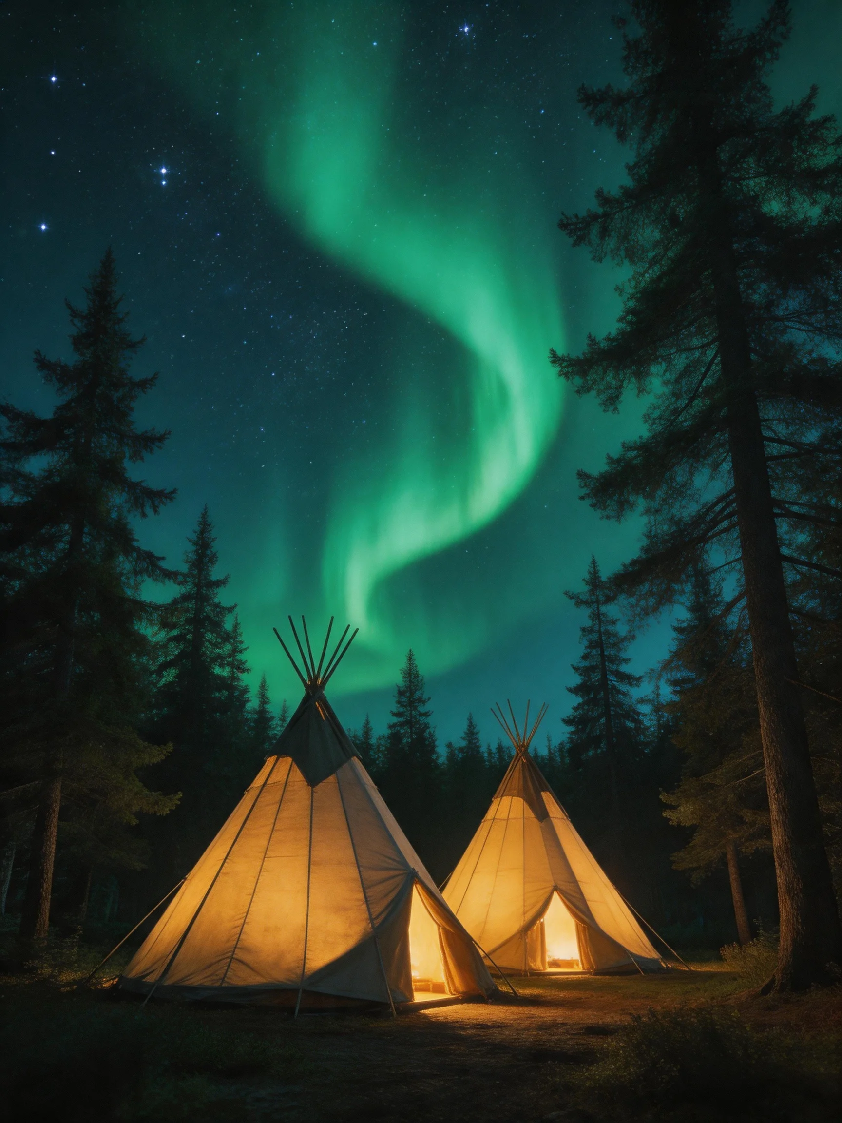Two lit teepees beneath vibrant green northern lights in a forest