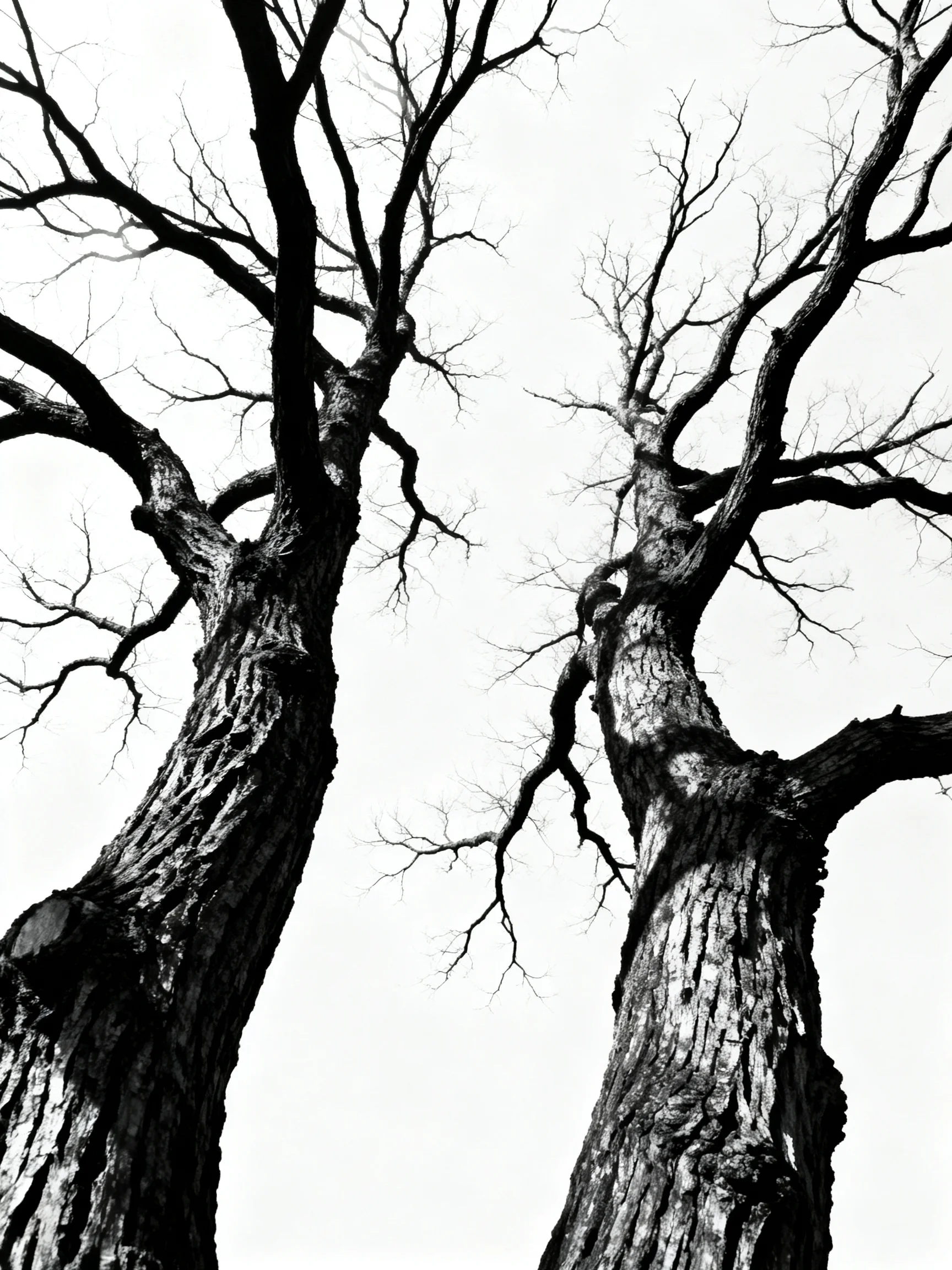 Two massive, gnarled leafless trees with sprawling branches