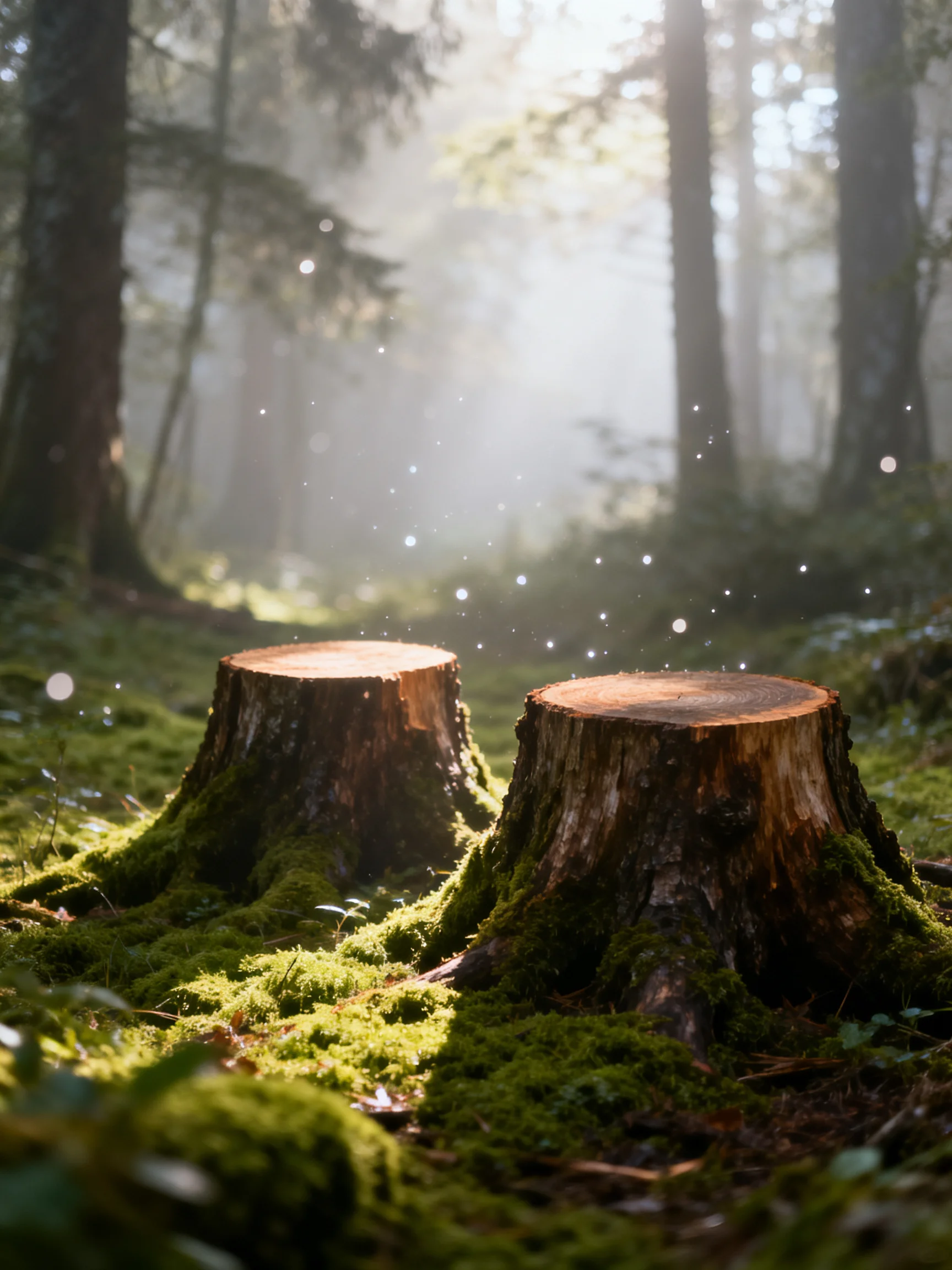 Two moss-covered tree stumps in a sunlit misty forest