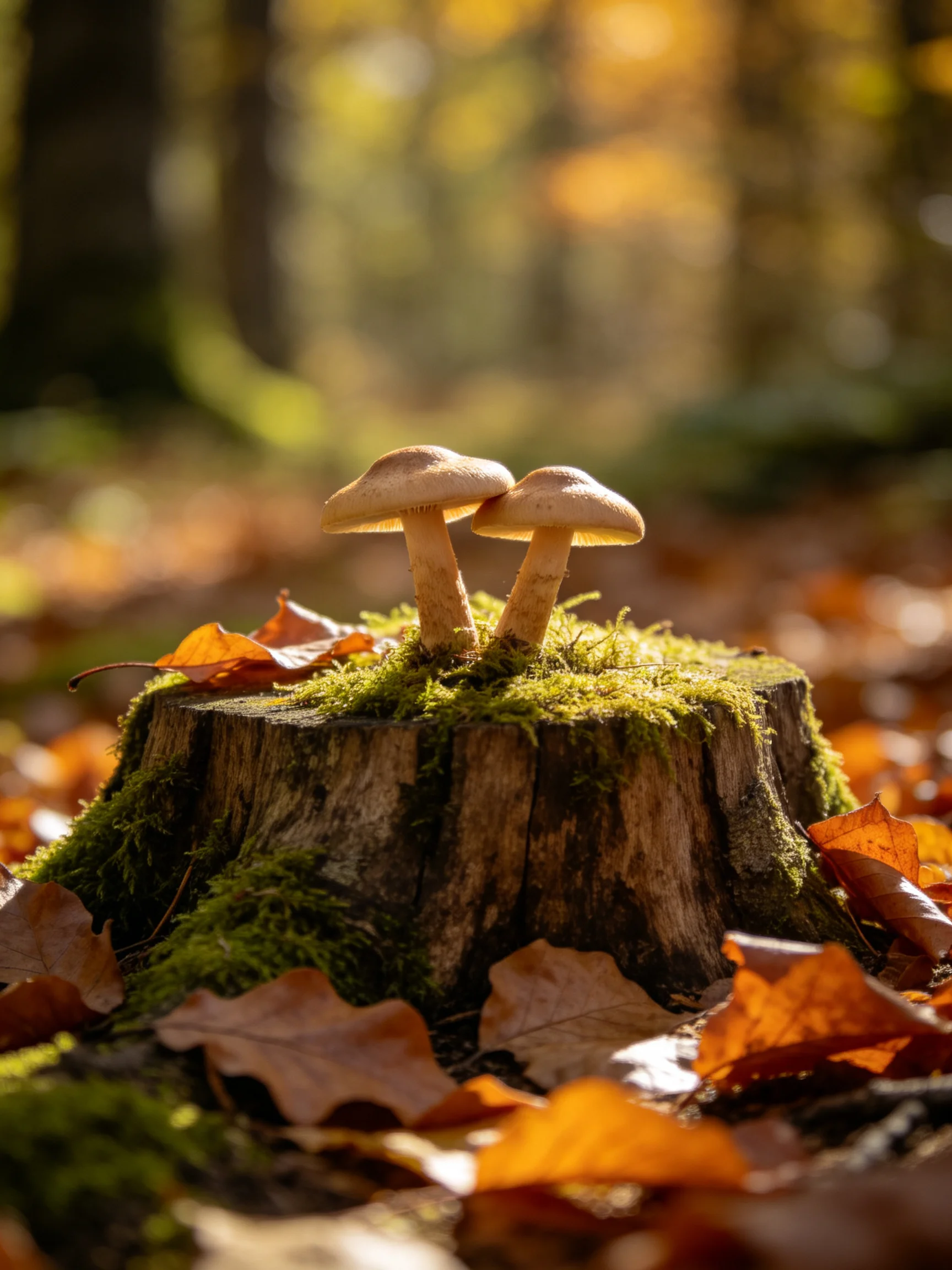 Two mushrooms grow from a moss-covered tree stump amid autumn leaves