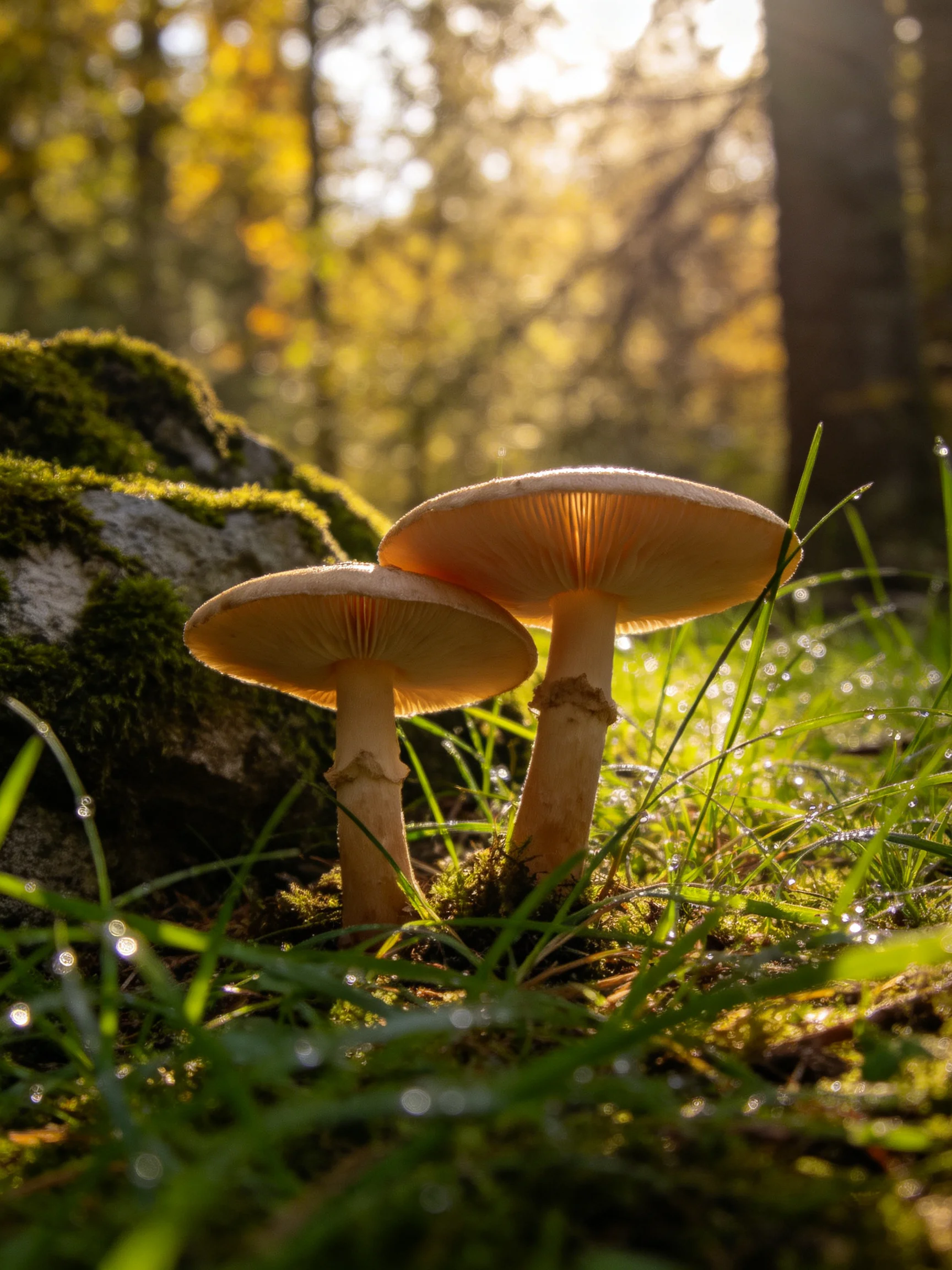 Two mushrooms with earthy caps sit near a moss-laden rock in a sunlit forest