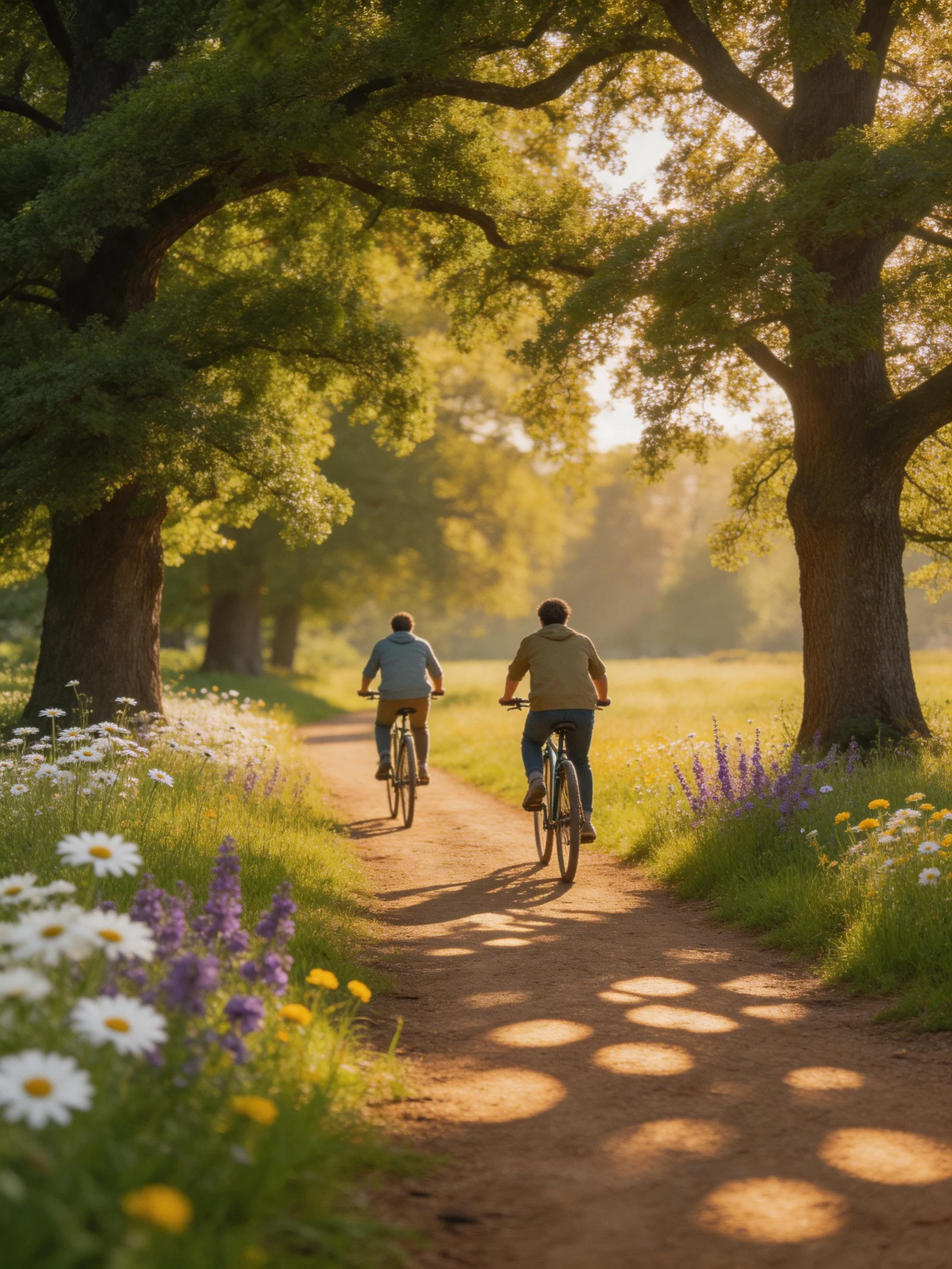 Two people biking on a sunlit dirt path with tall trees and colorful wildflowers