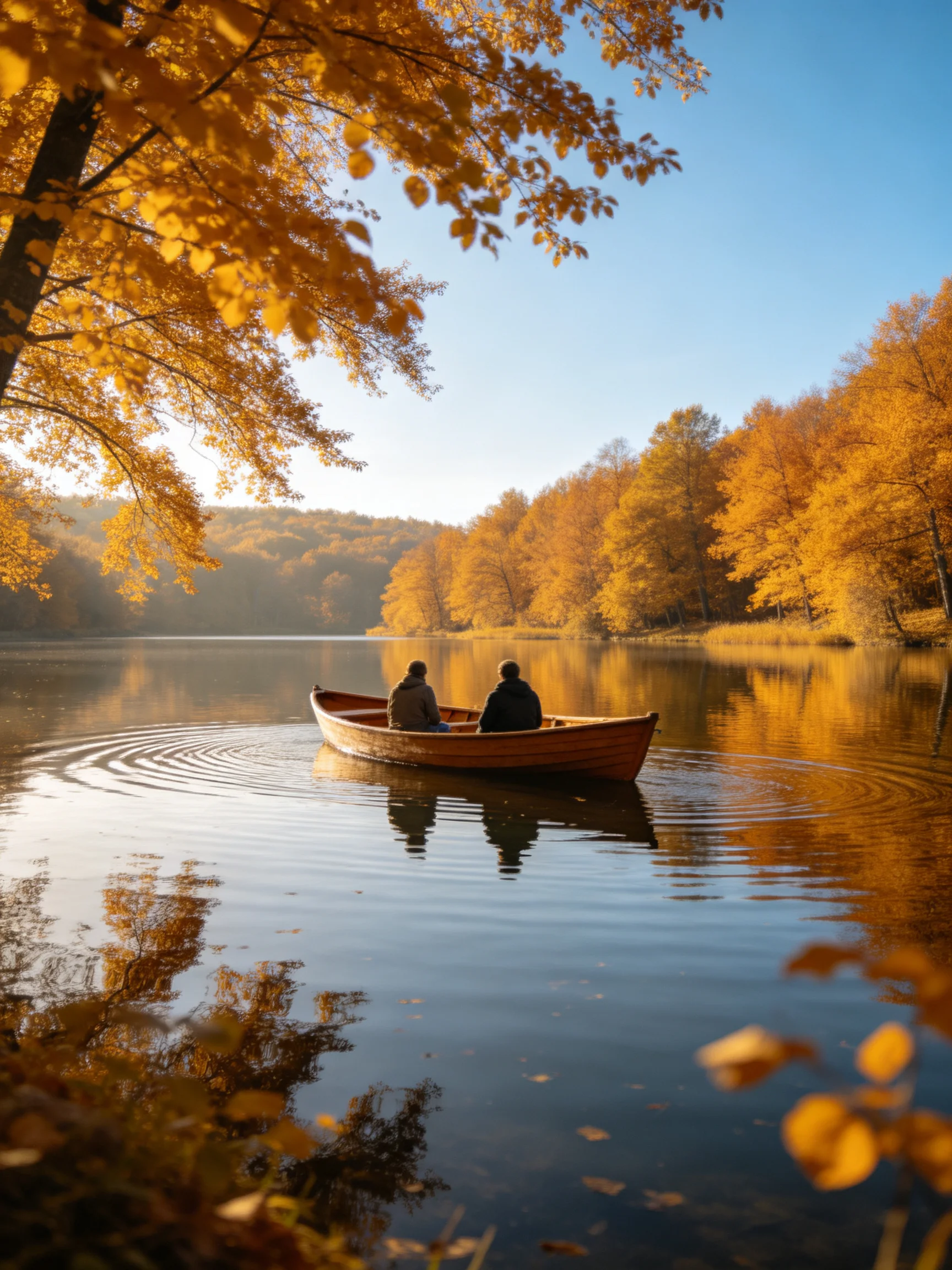 Two people in a wooden boat on a calm lake with golden autumn trees