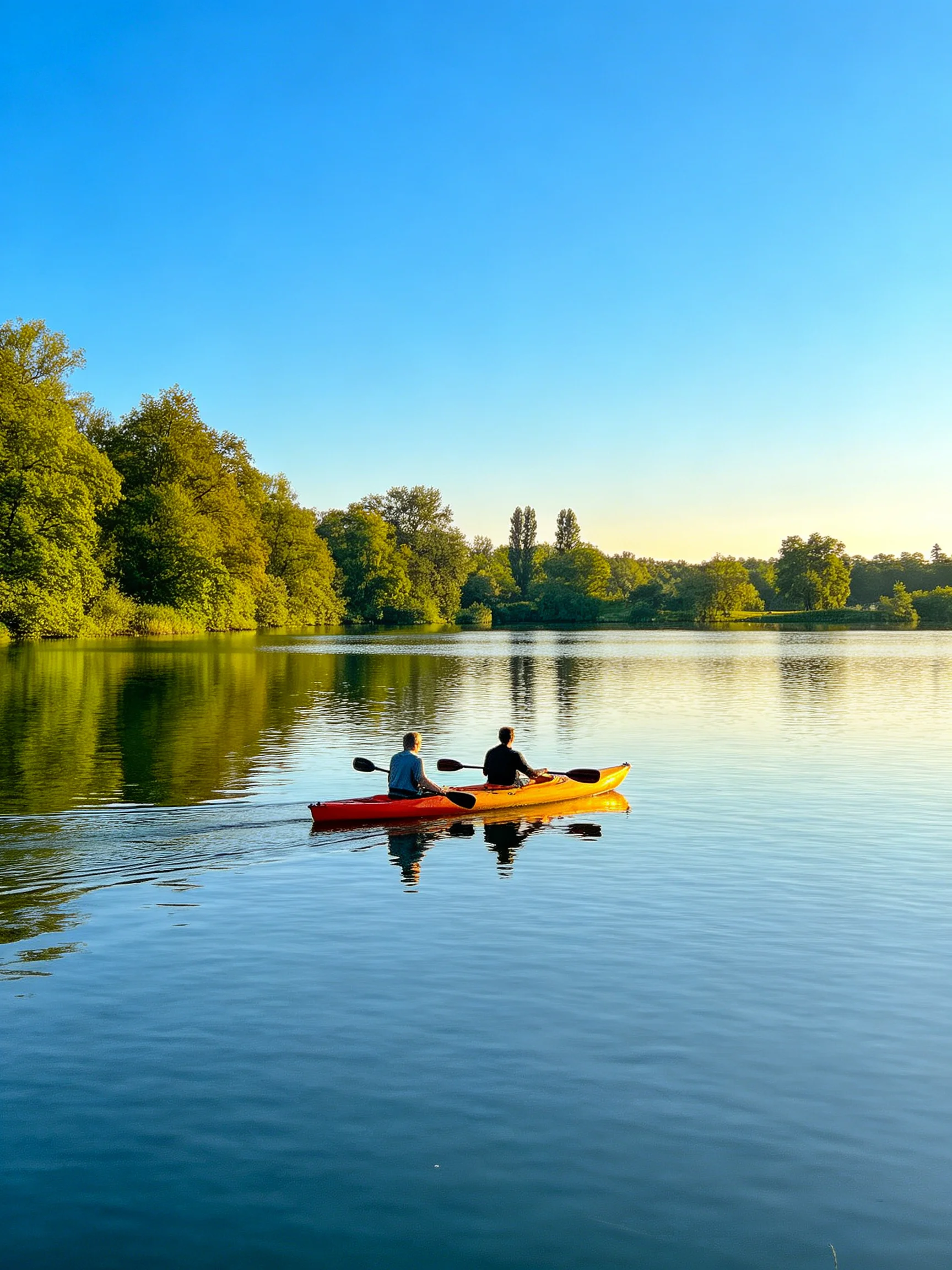 Two people kayaking in red and yellow boats on calm water near green trees