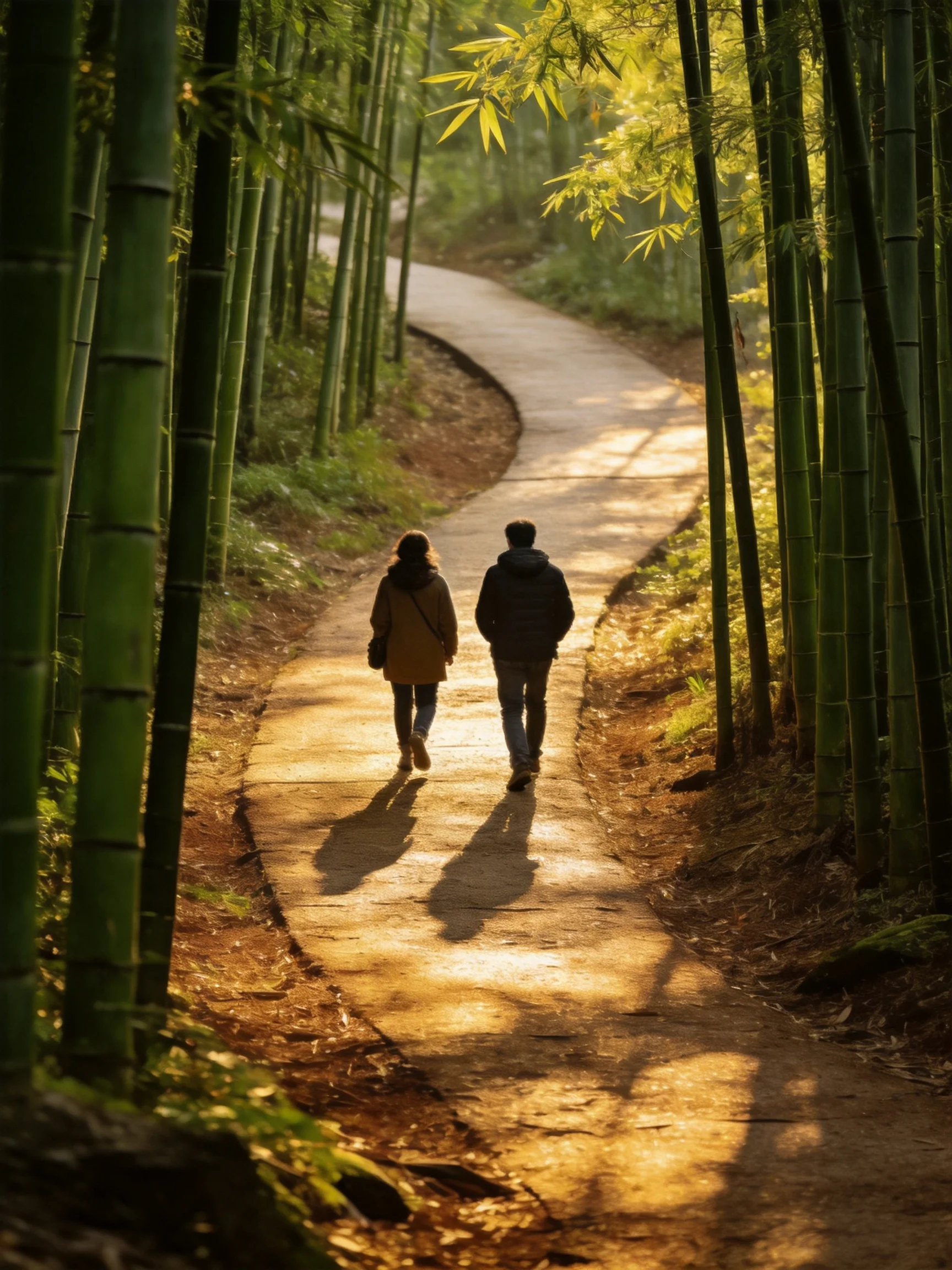 Two people walk along a sunlit winding path through tall green bamboo