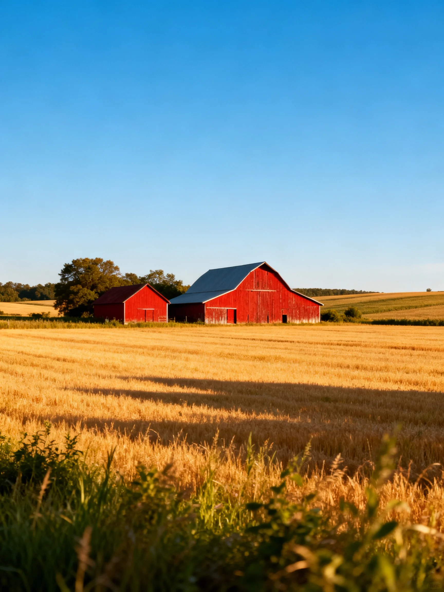 Two red barns stand amid golden fields under a clear blue sky