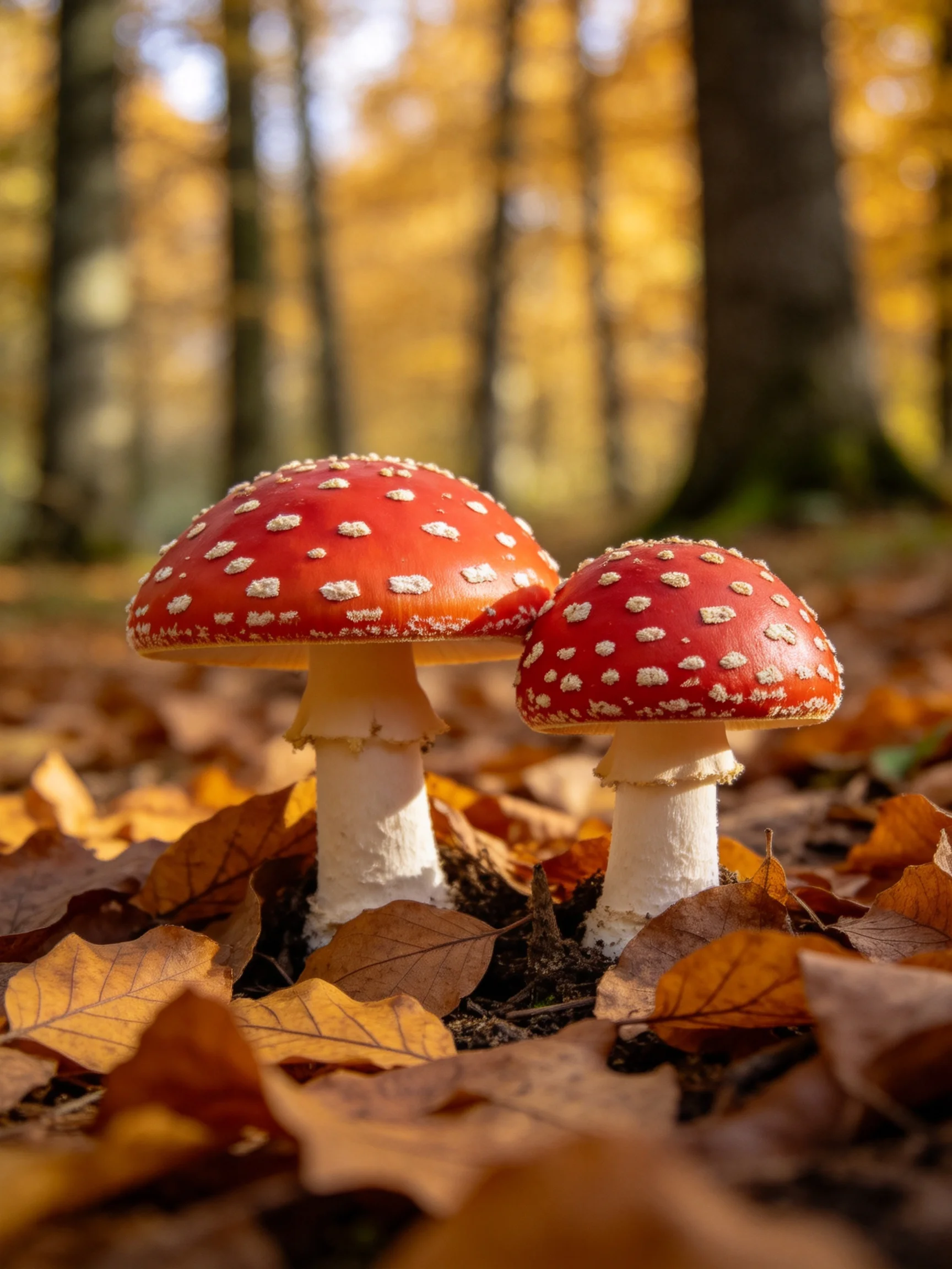 Two red-spotted mushrooms amid golden autumn leaves in a forest