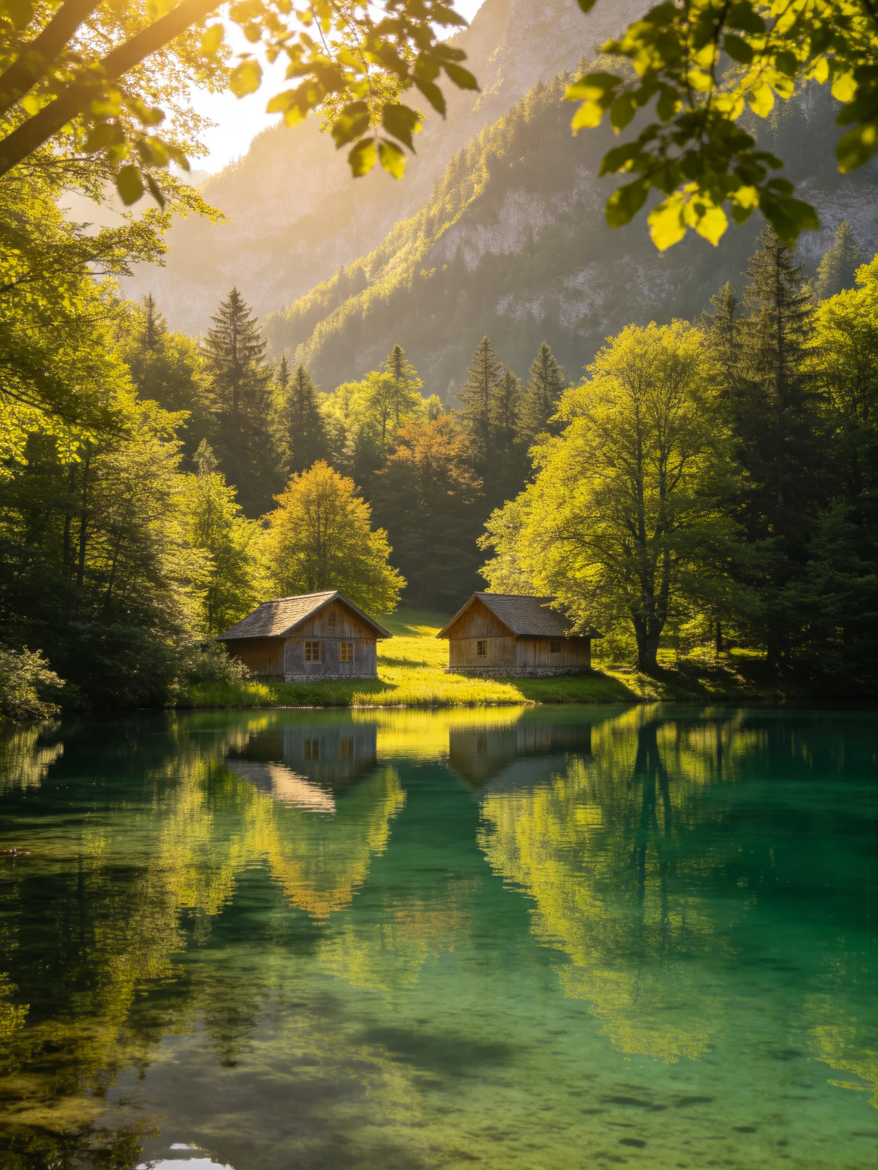 Two rustic cabins by turquoise waters amid lush green forests