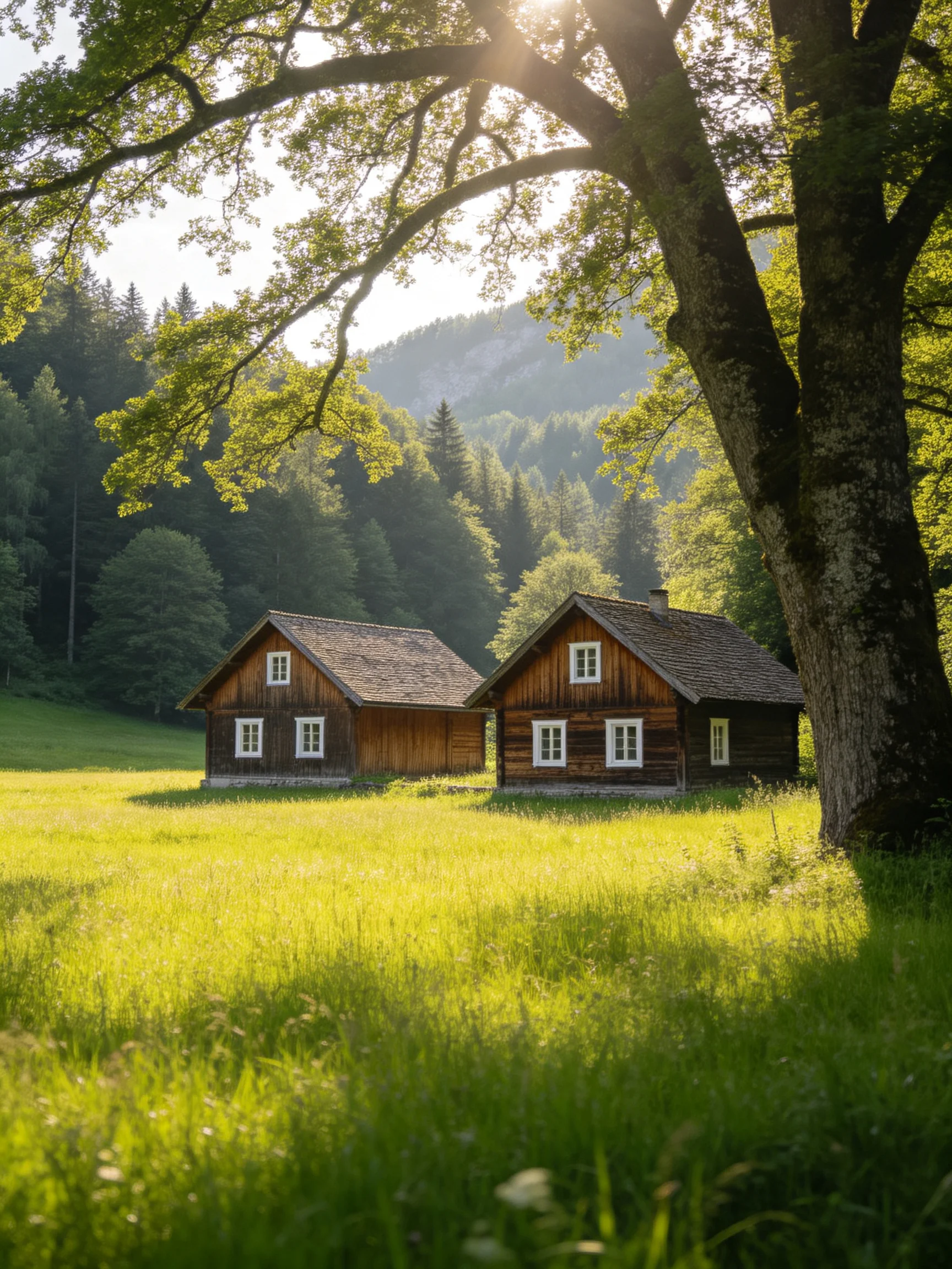 Two rustic wooden cabins near a large oak tree in a sunlit meadow