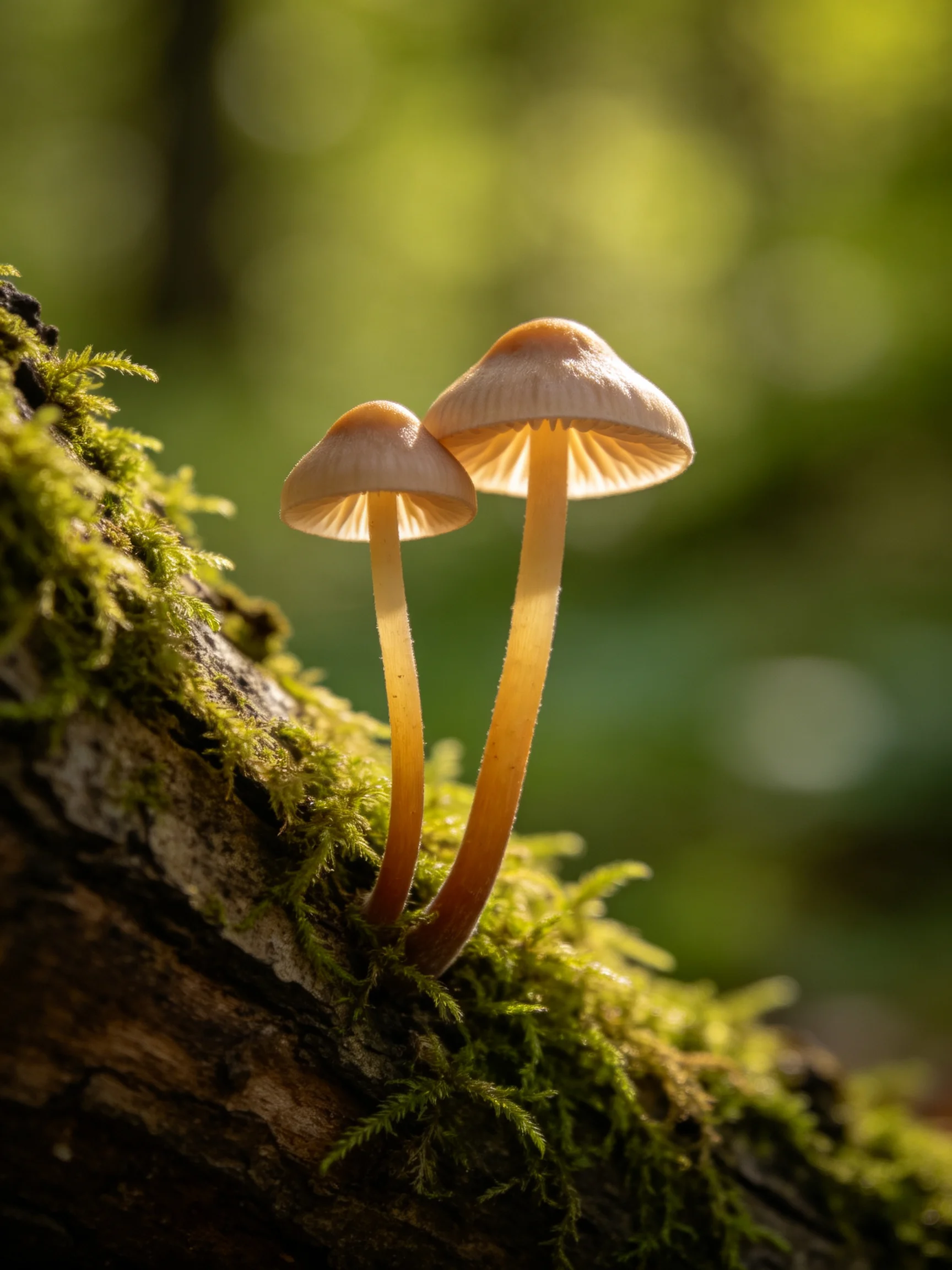 Two small mushrooms with light caps grow from a mossy tree trunk in soft light.