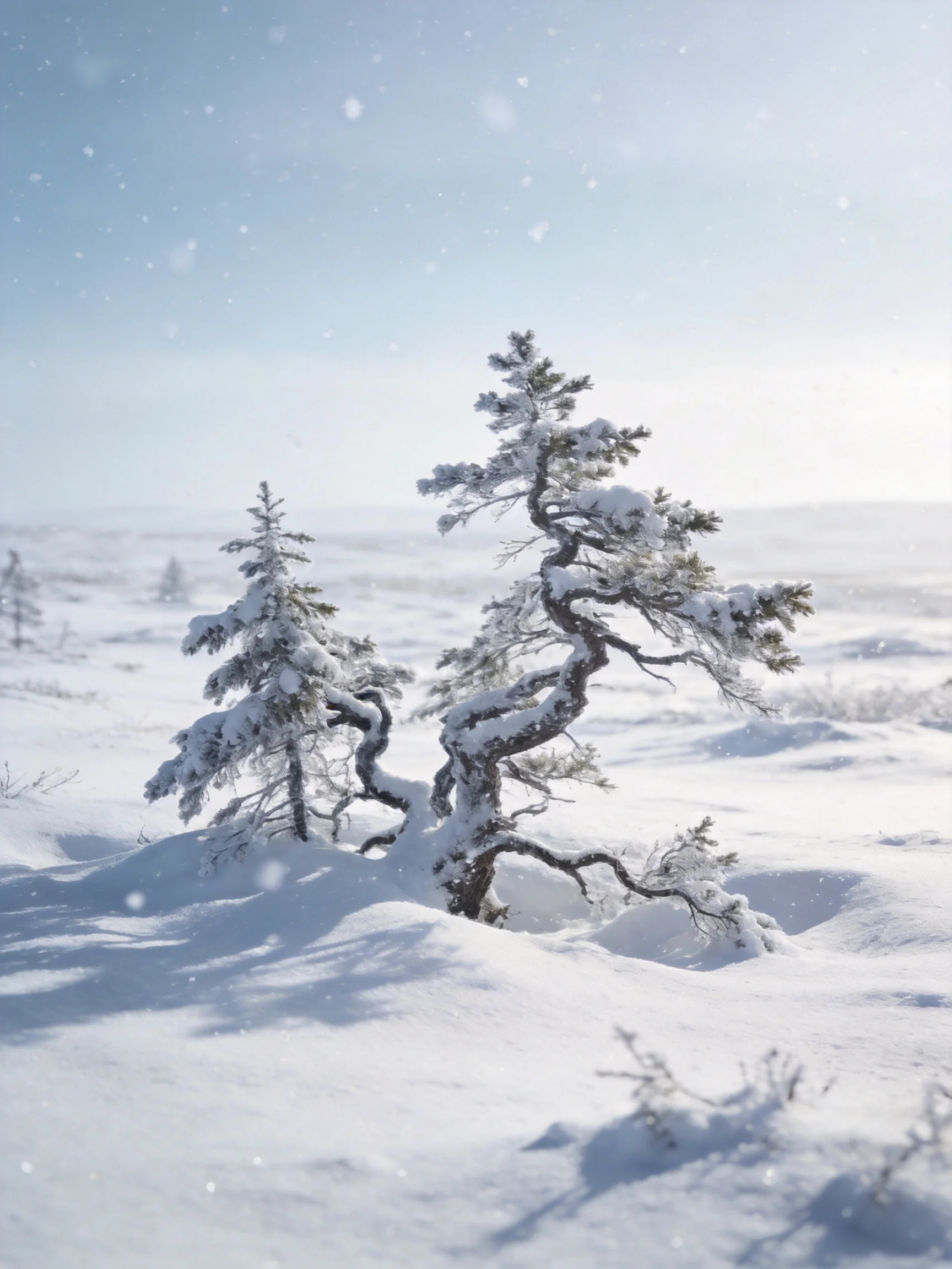 Two snow-covered trees in a vast winter snowfield