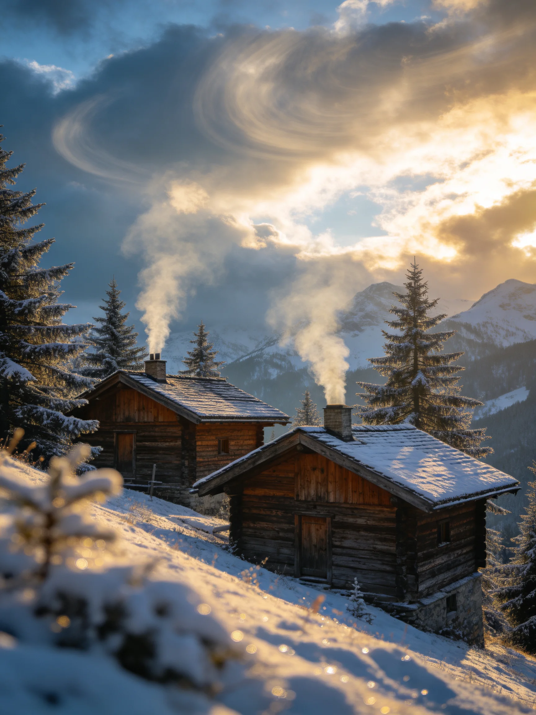 Two snow-draped log cabins with smoke, nestled among evergreen trees near snowy mountains