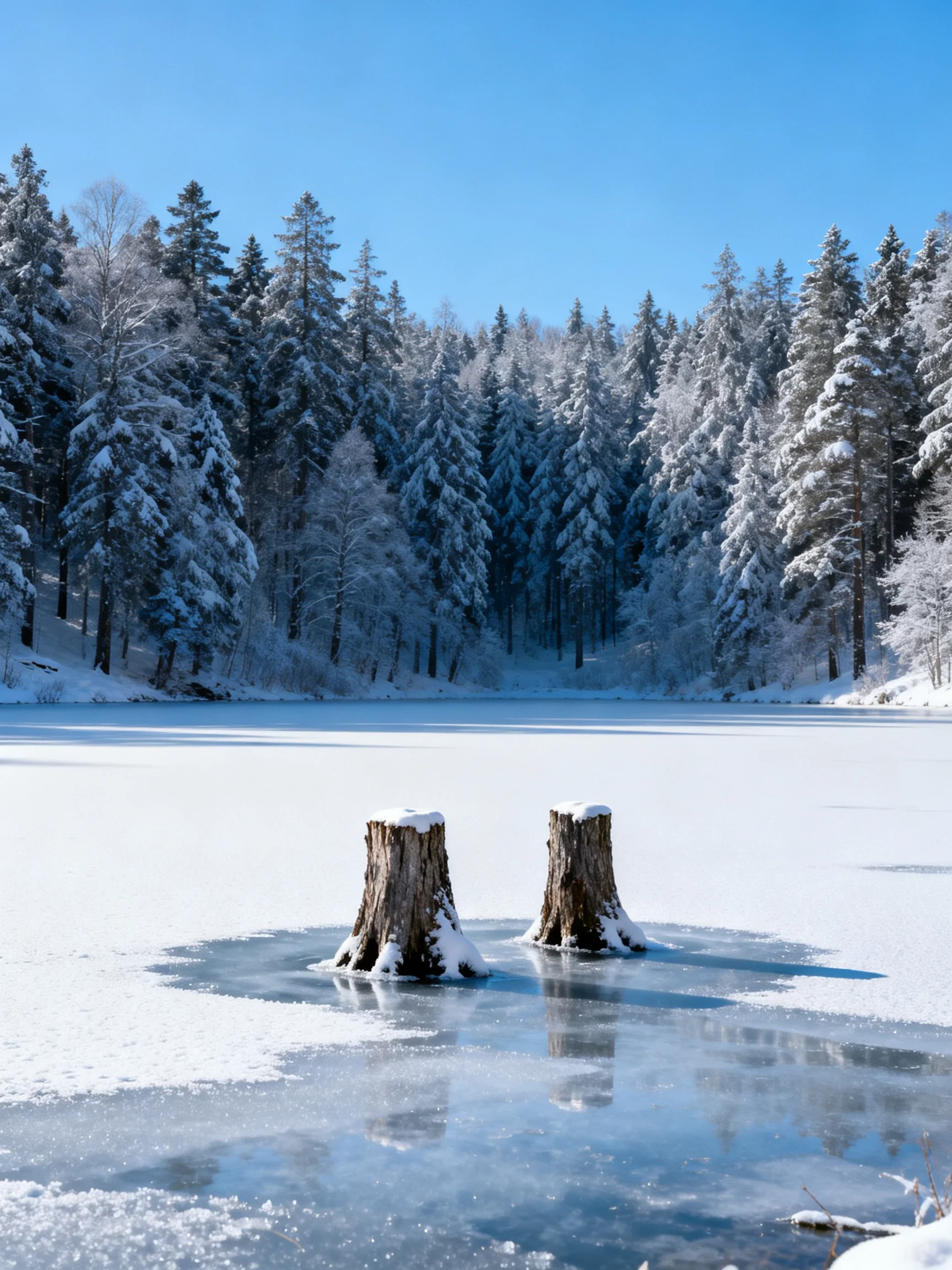 Two snow-draped stumps on a frozen lake amidst a snowy forest