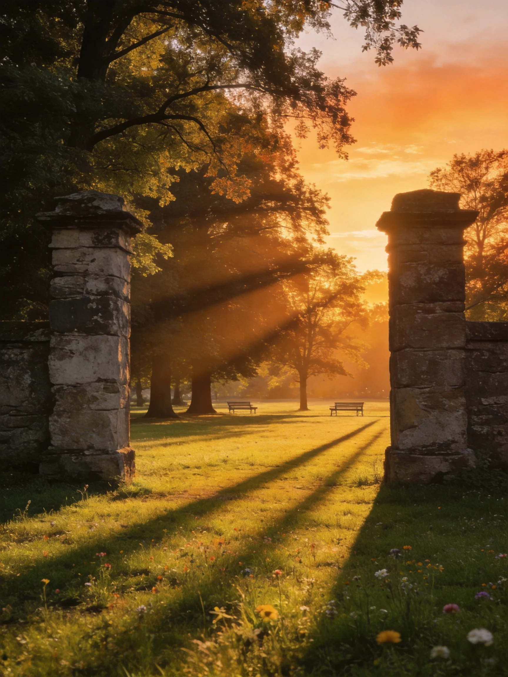 Two stone pillars frame a sunlit park with golden sunset and tall trees