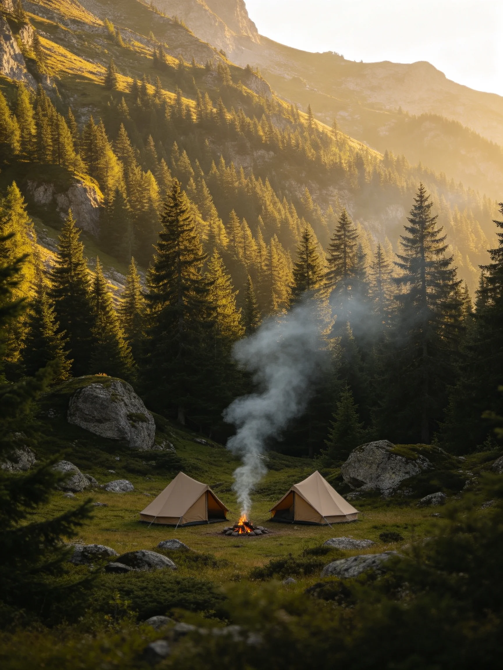 Two tan tents beside a smoky campfire in a forested mountain valley