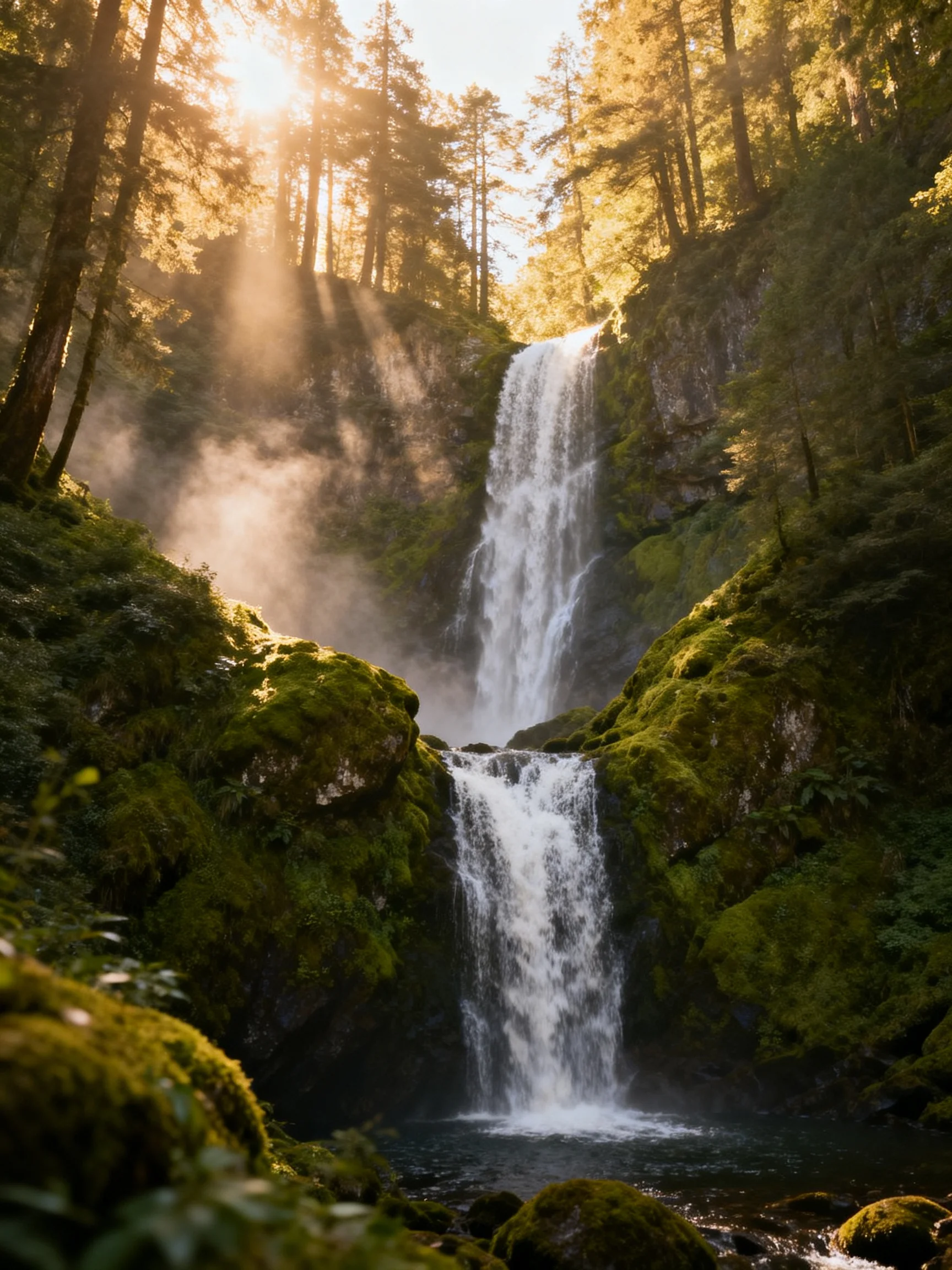 Two-tiered waterfall surrounded by lush mossy cliffs and golden sunlight
