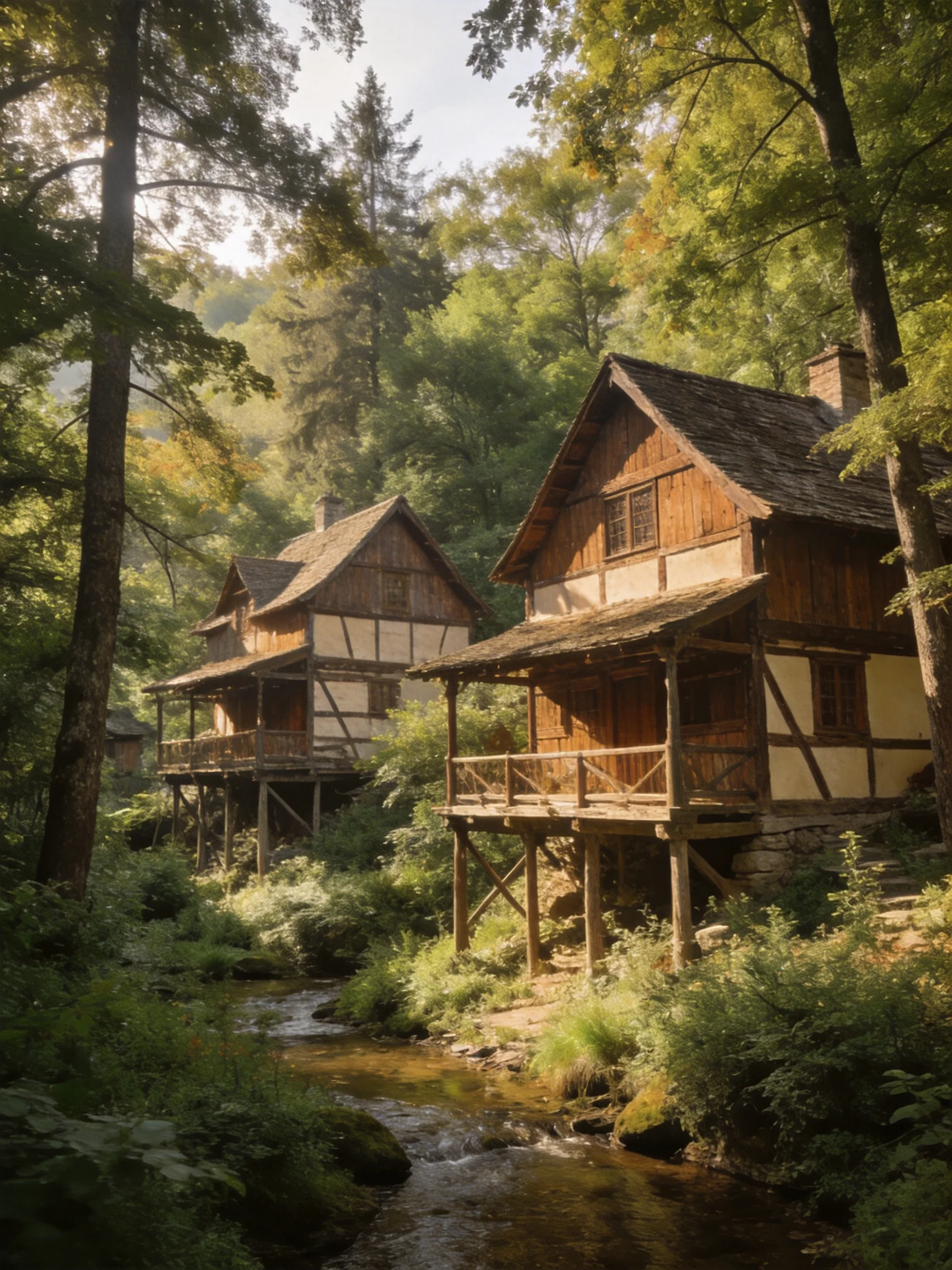 Two timber-framed cottages near a forest stream with lush greenery