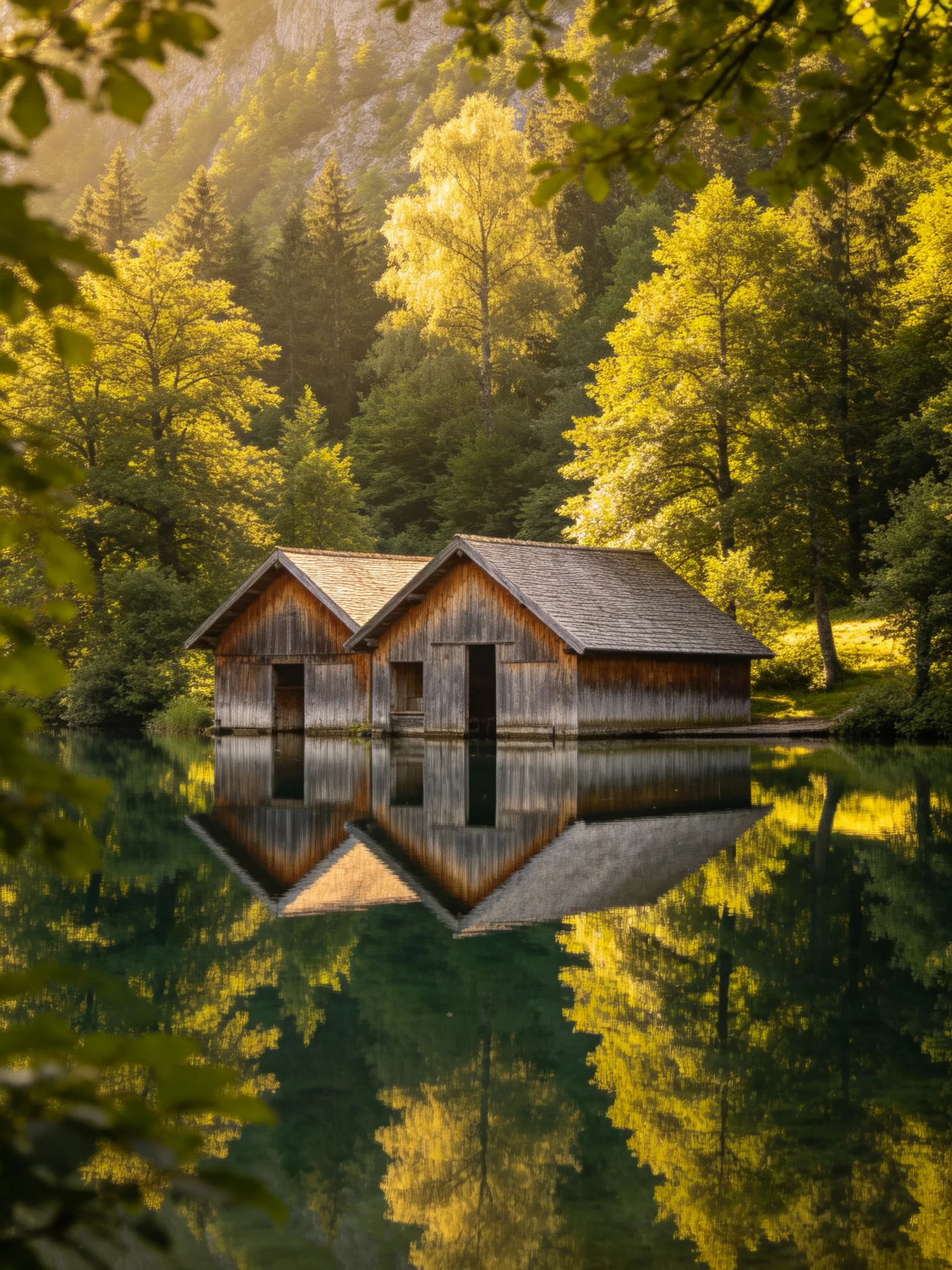 Two weathered cabins reflect in tranquil waters among golden-green forests