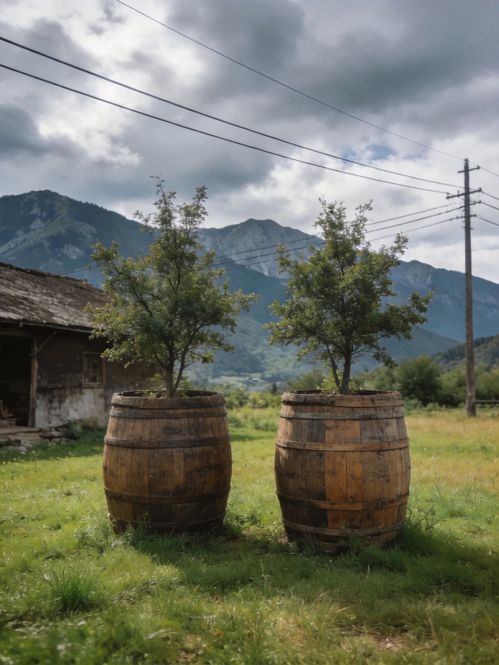 Two weathered wooden barrels with small trees near an old cottage and mountainous backdrop