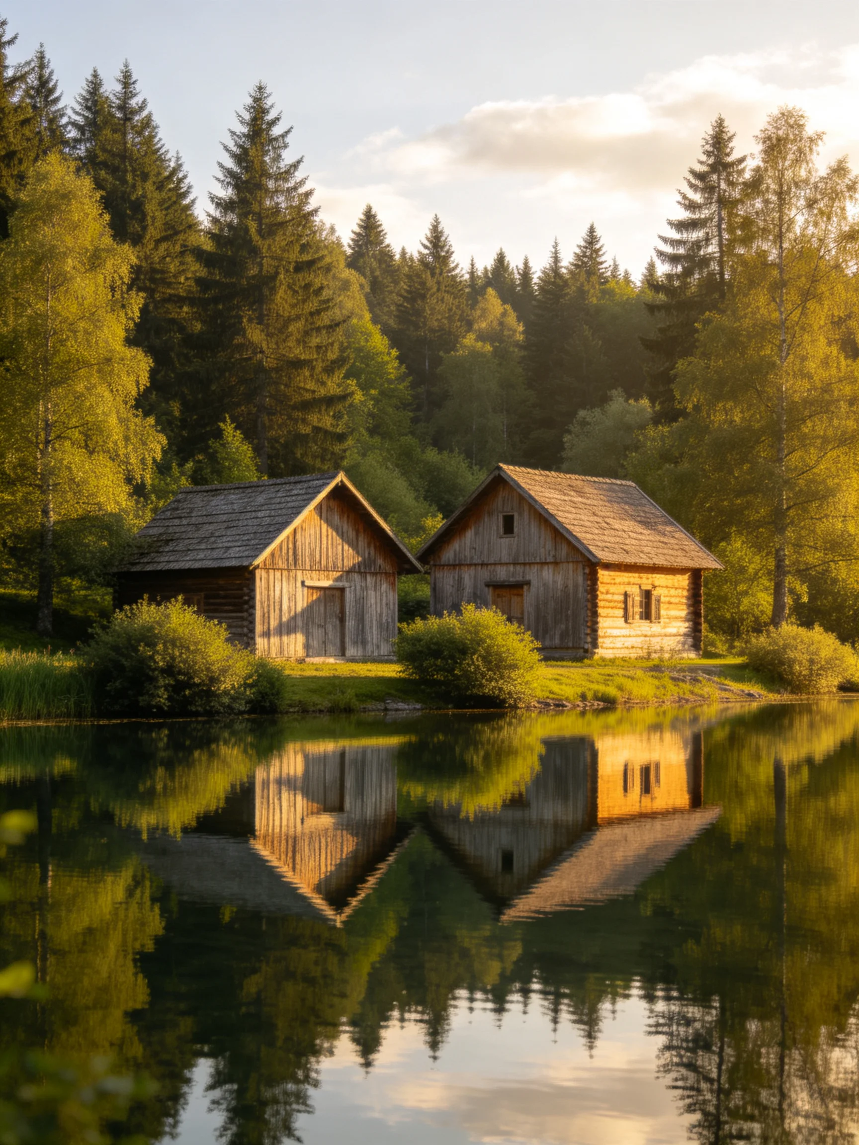 Two weathered wooden cabins reflect in a calm lake amid lush green trees