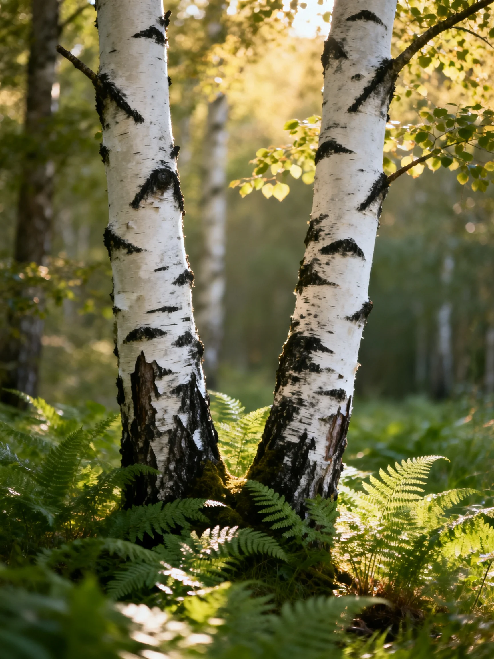 Two white-barked birches stand amid lush green ferns in golden sunlight