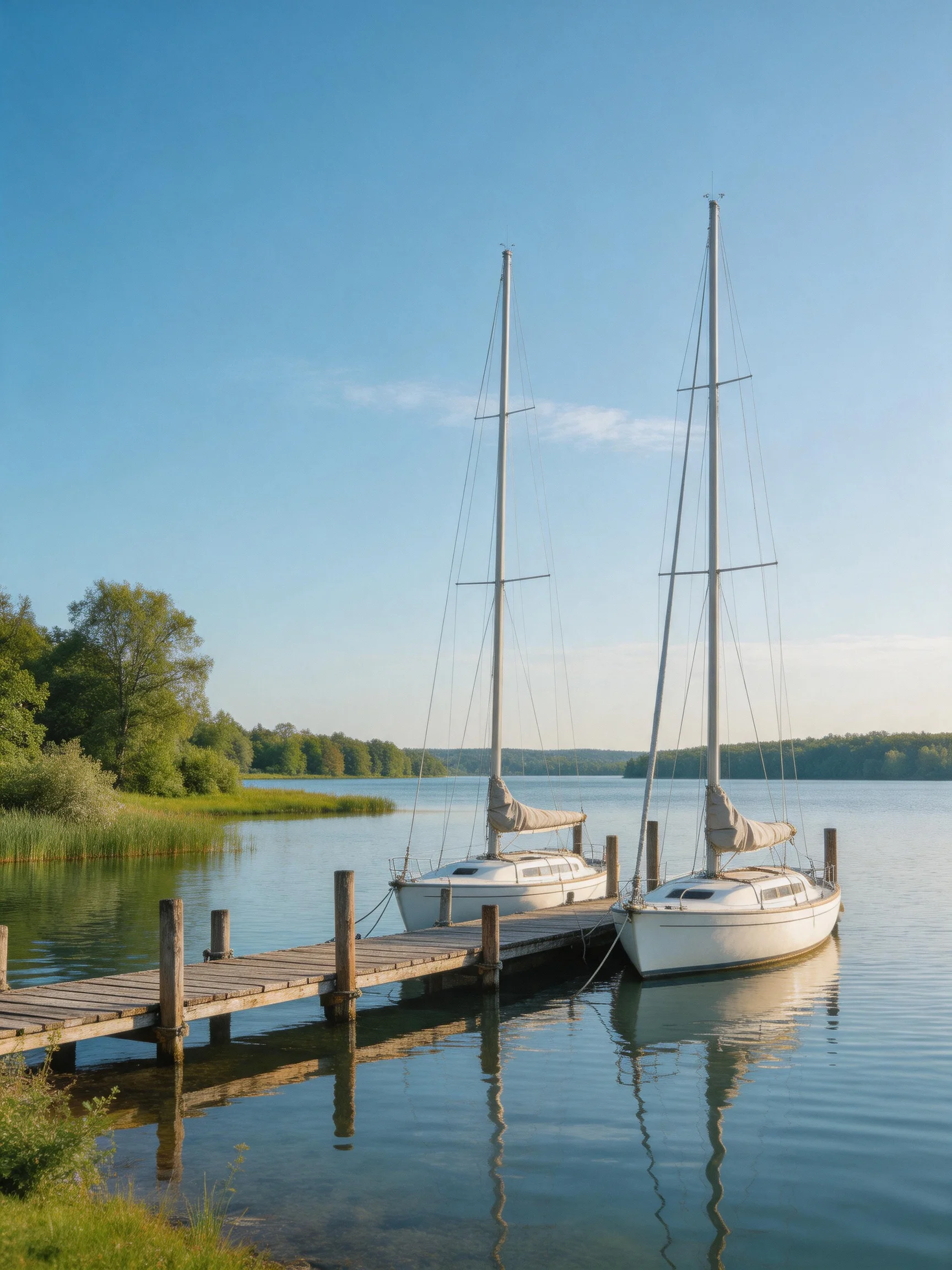 Two white sailboats moored at a wooden dock by calm blue waters