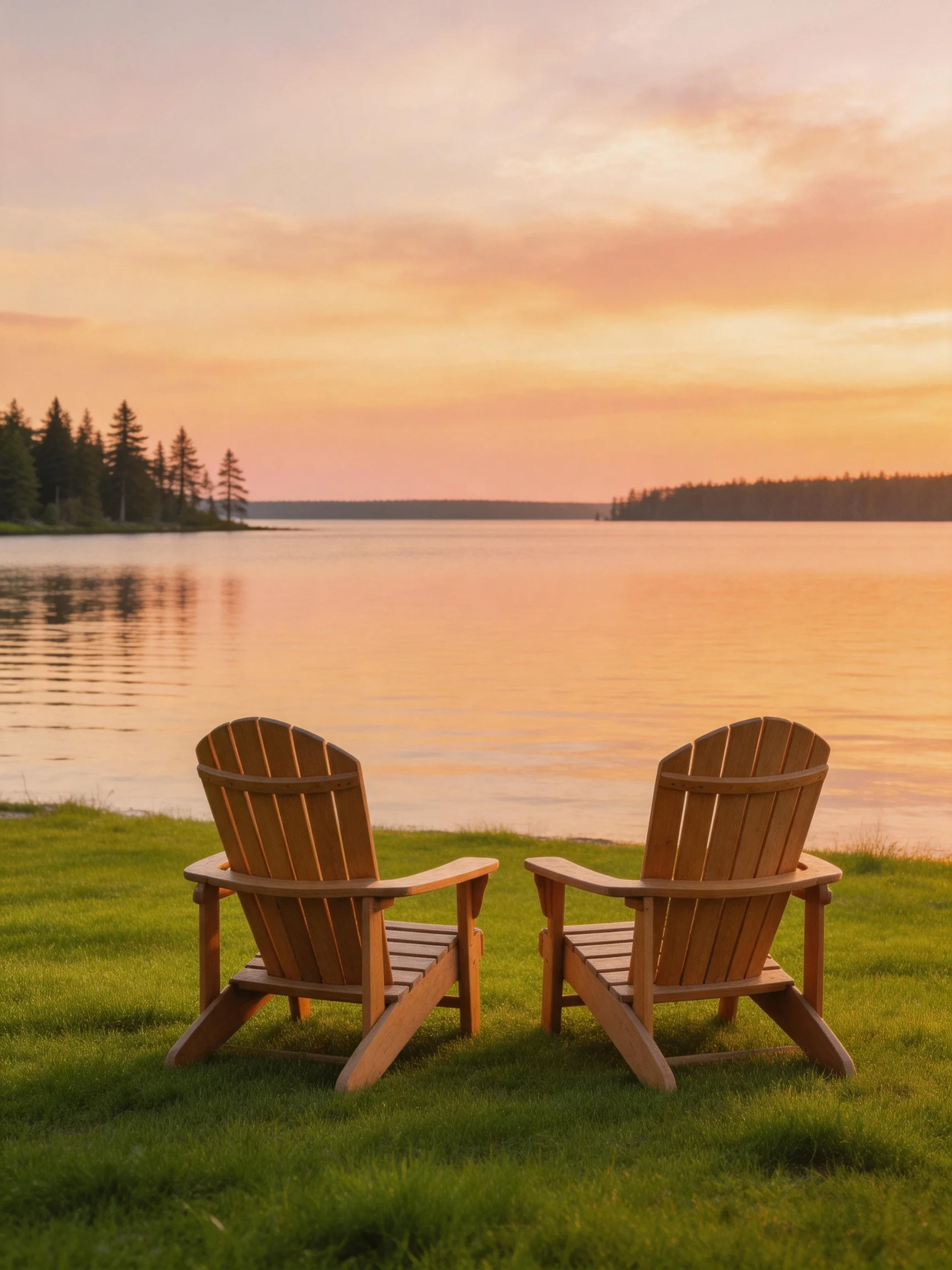 Two wooden Adirondack chairs sit by a calm lake at sunset