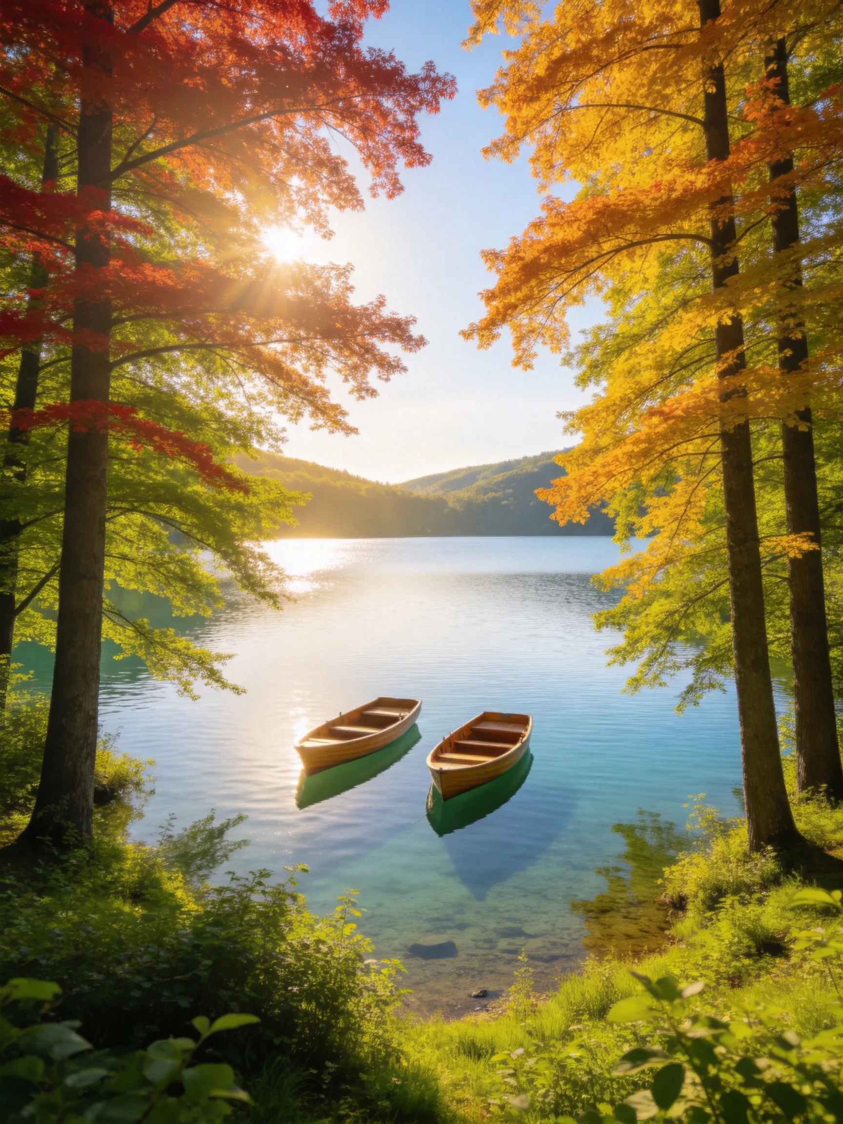 Two wooden boats float on a clear blue lake amid vibrant fall foliage