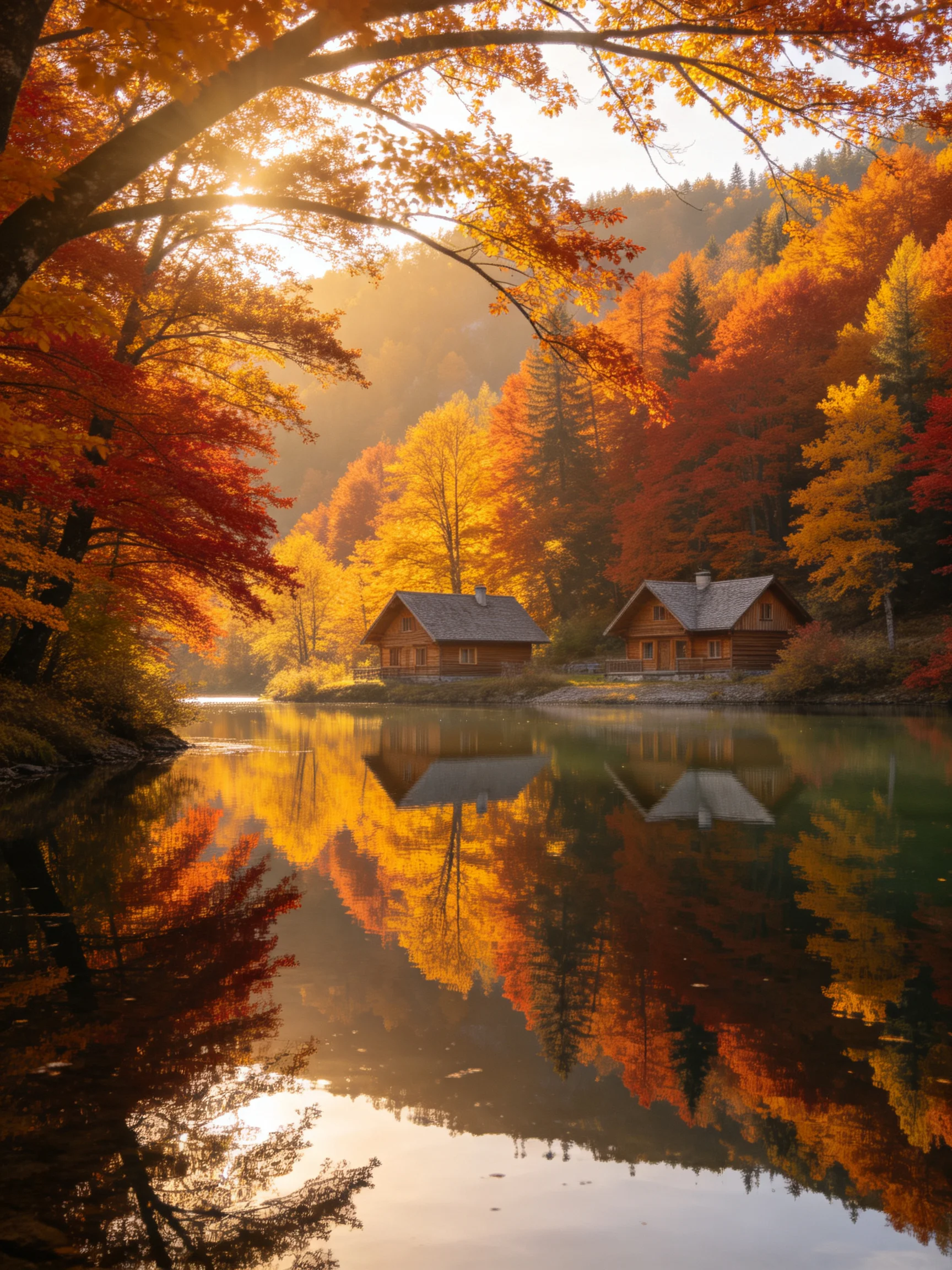 Two wooden cabins near a calm lake amid vibrant autumn foliage