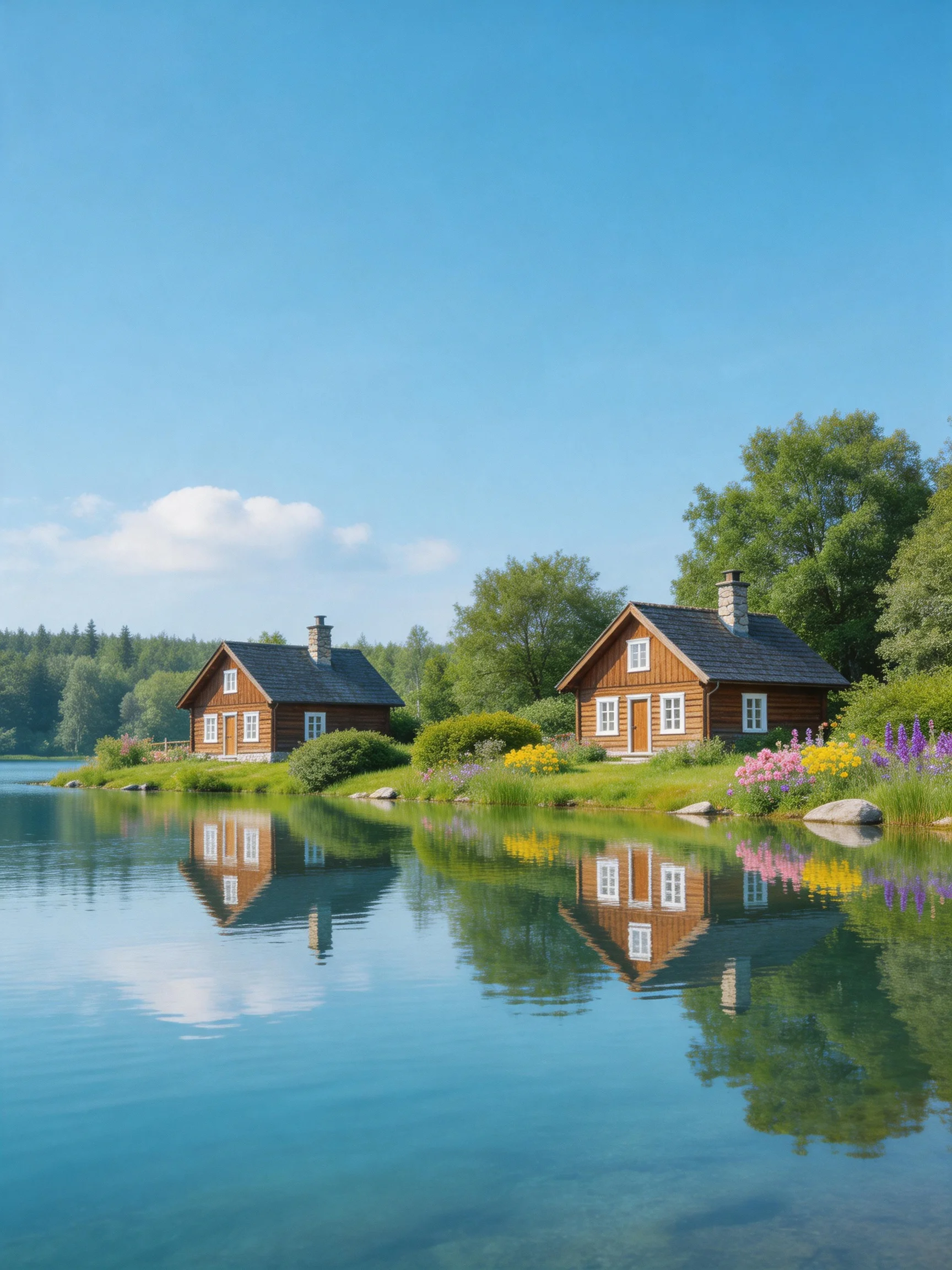 Two wooden cabins near a serene blue lake with lush greenery