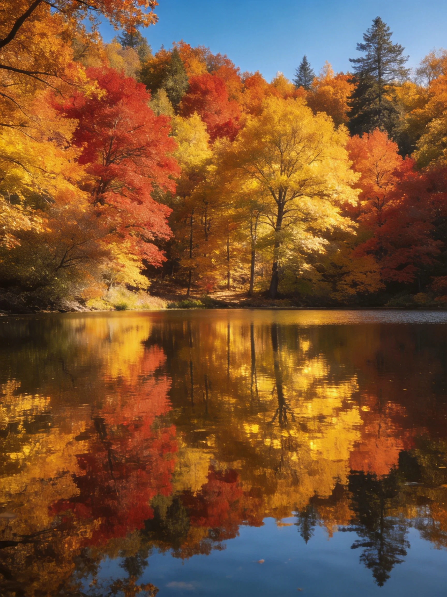 Vibrant Autumn Foliage Reflecting in Calm Lake Waters