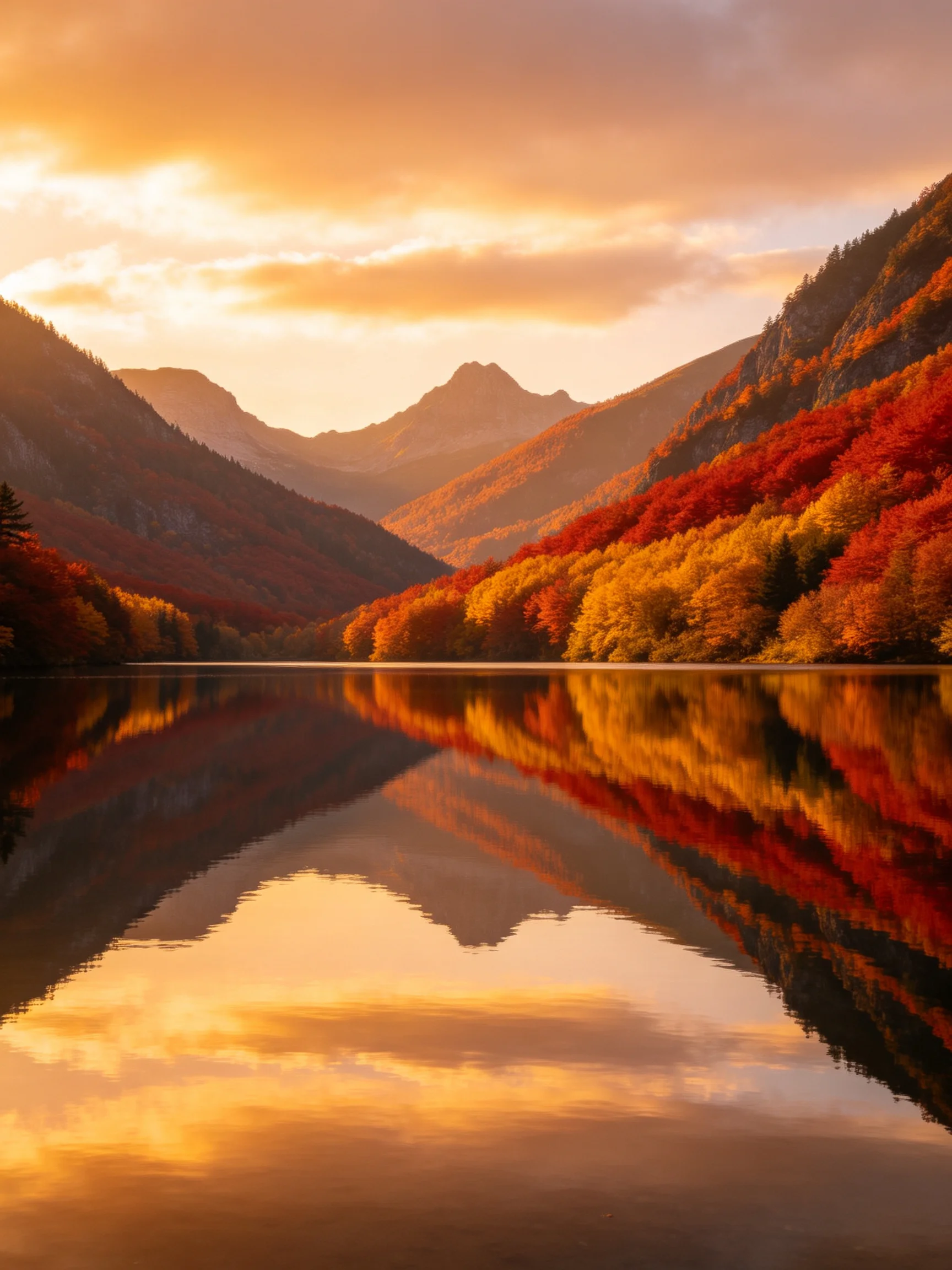 Vibrant Autumn Foliage Reflects in a Calm Mountain Lake at Sunset