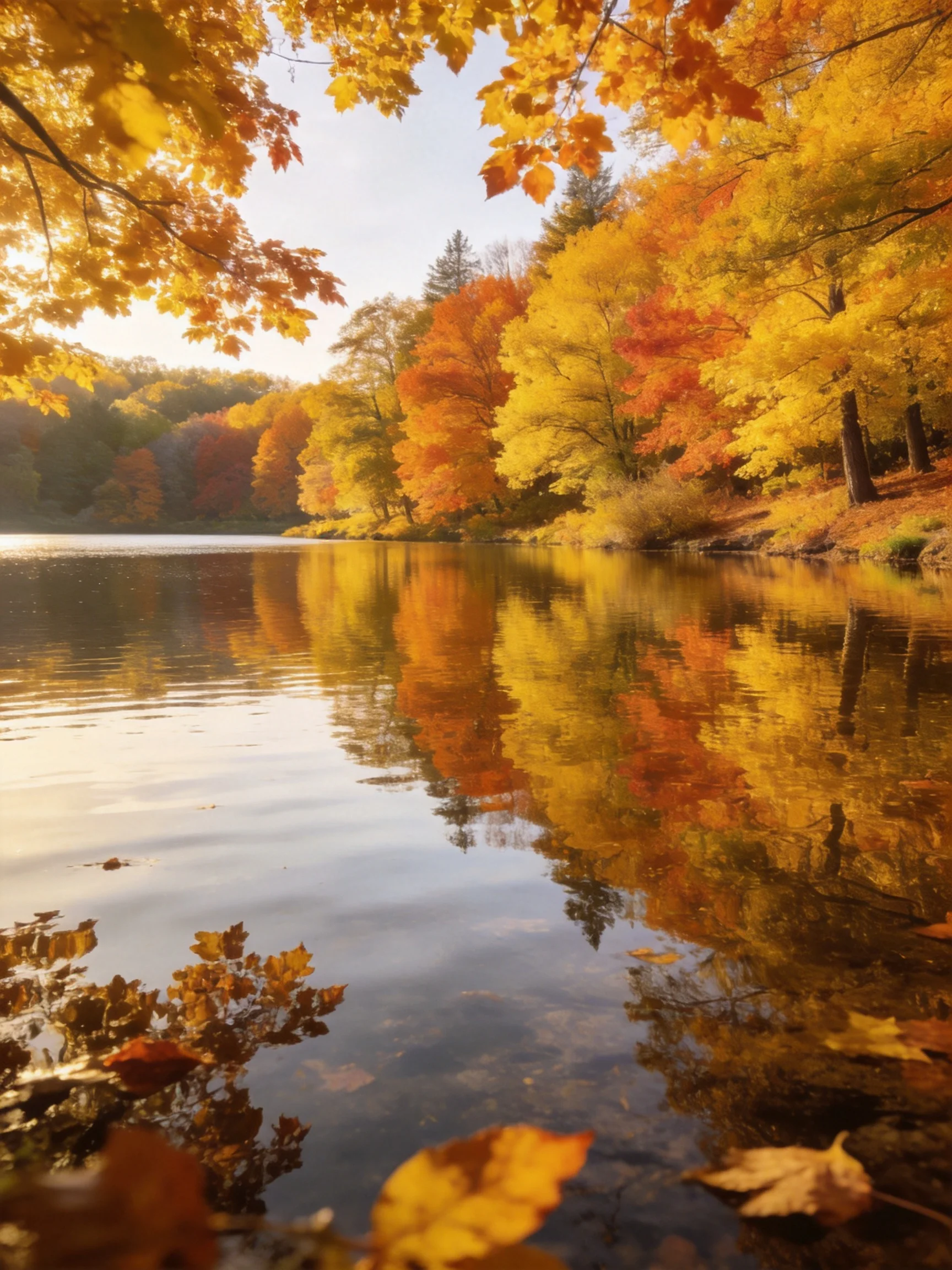Vibrant Autumn Foliage Reflects in a Serene Lake