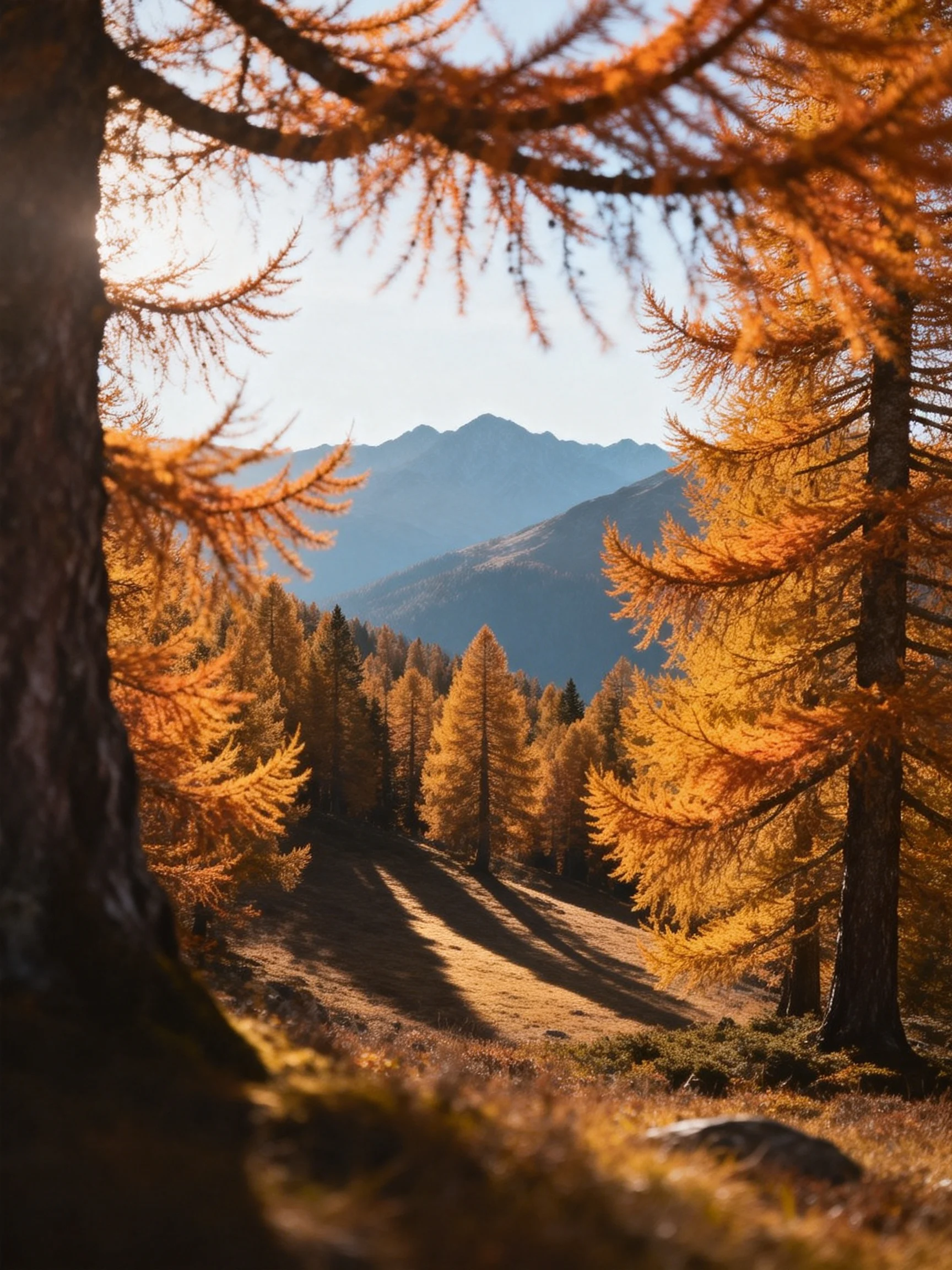 Vibrant Autumn Larch Trees and Serene Mountain Landscape